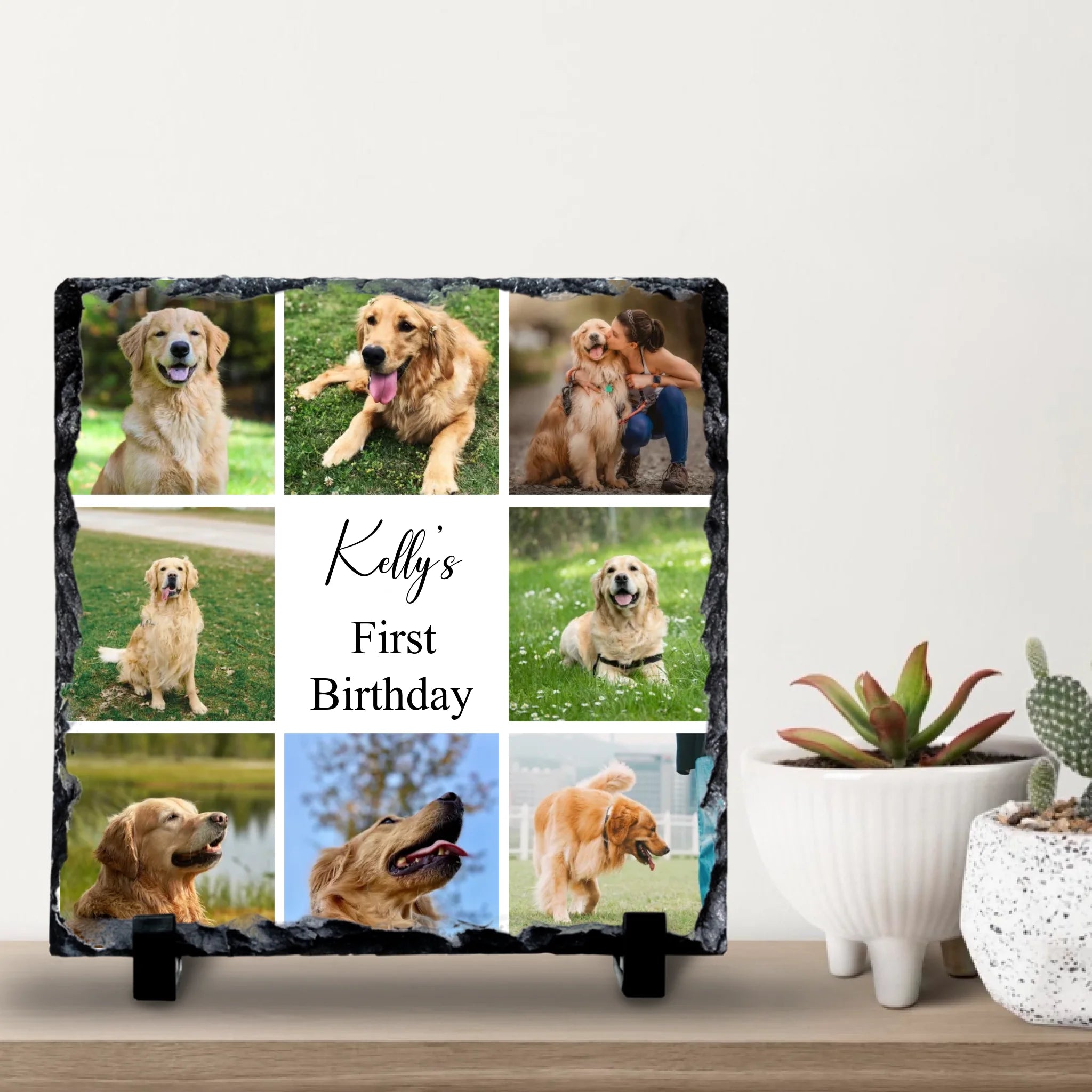 Custom Personalised Photo Slate - 8 Photos - Change Background Colour & Text