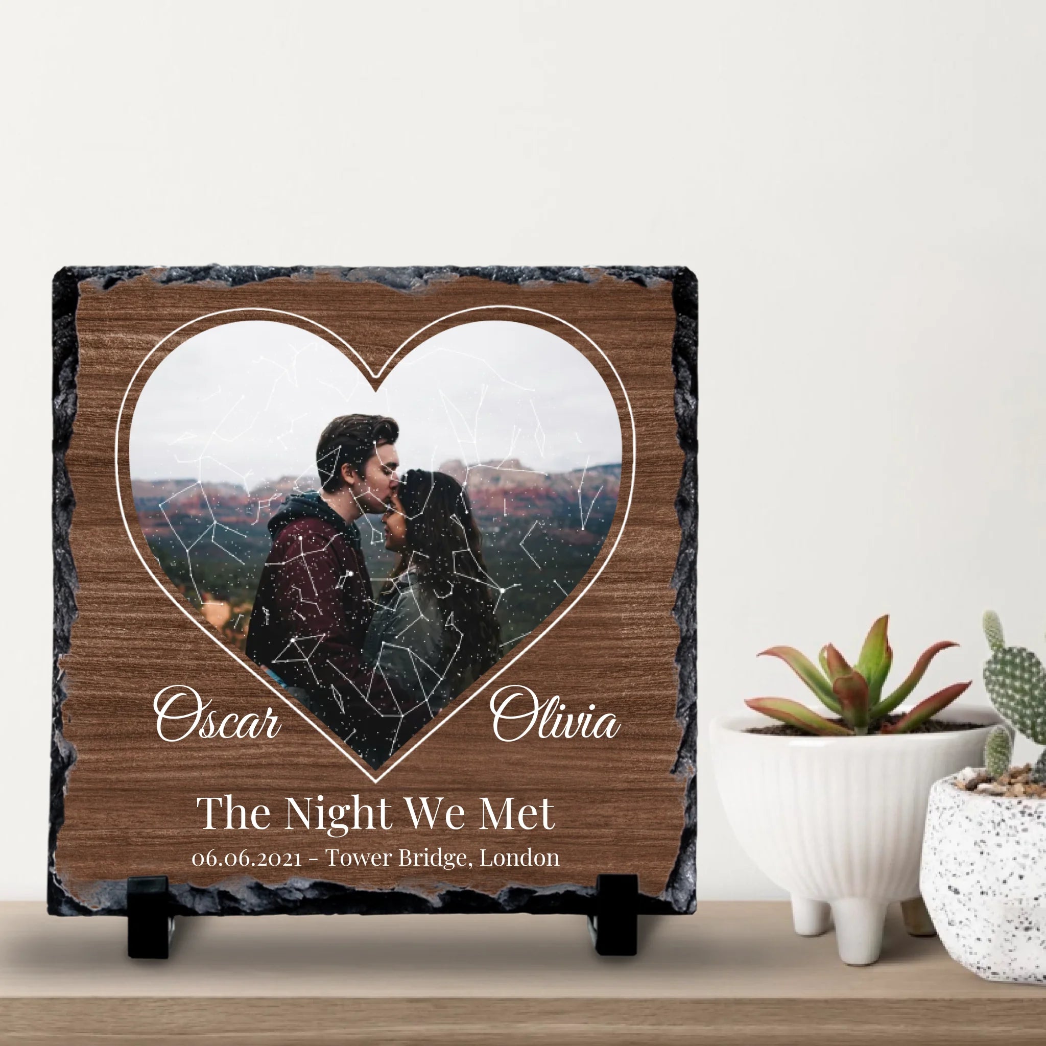 Close-up of personalised slate gift with heart photo and star map for anniversary or wedding