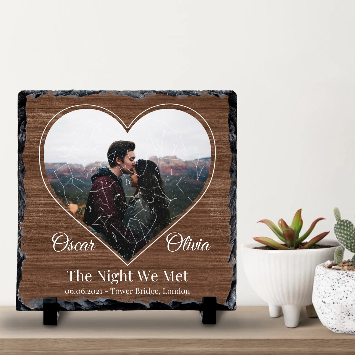 Personalised Heart Photo & Star Map Slate – Custom Night Sky with Names, Date & Location – Anniversary or Wedding Gift