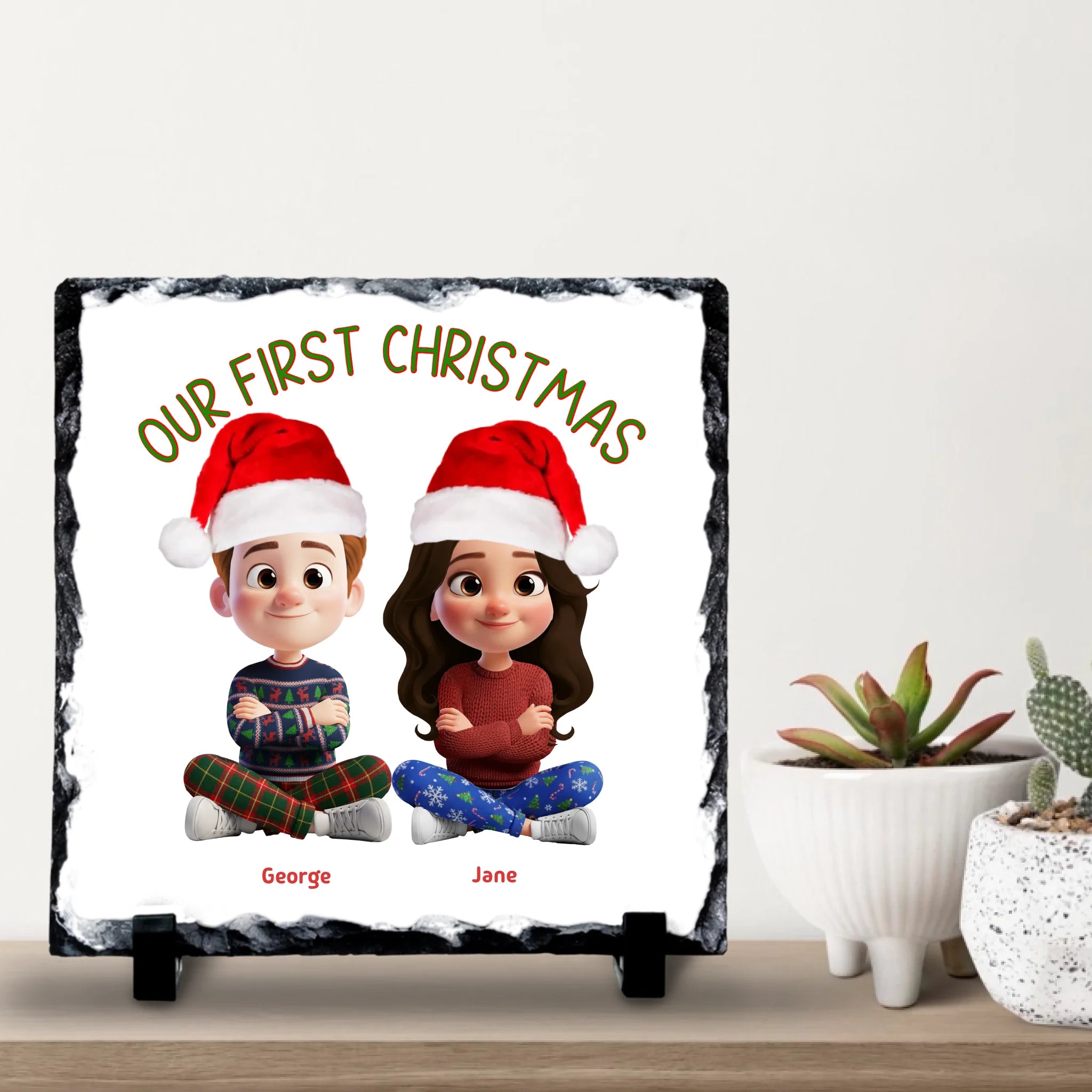 Our First Christmas Personalised Slate | Custom Couple Cartoon Design | Festive Gift Keepsake
