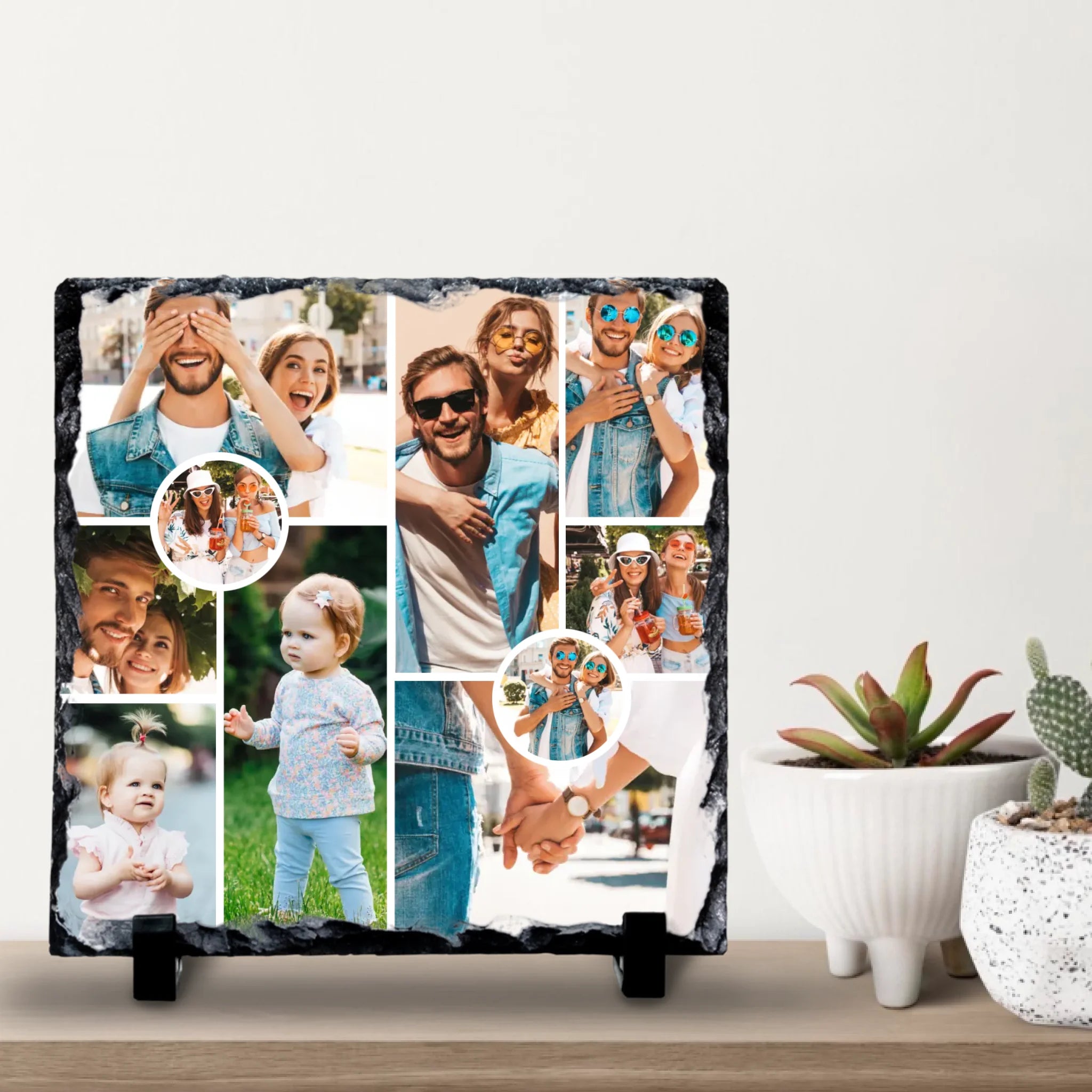Custom Personalised Photo Slate - 10 Photos - Custom Collage With 2 Circle Photos