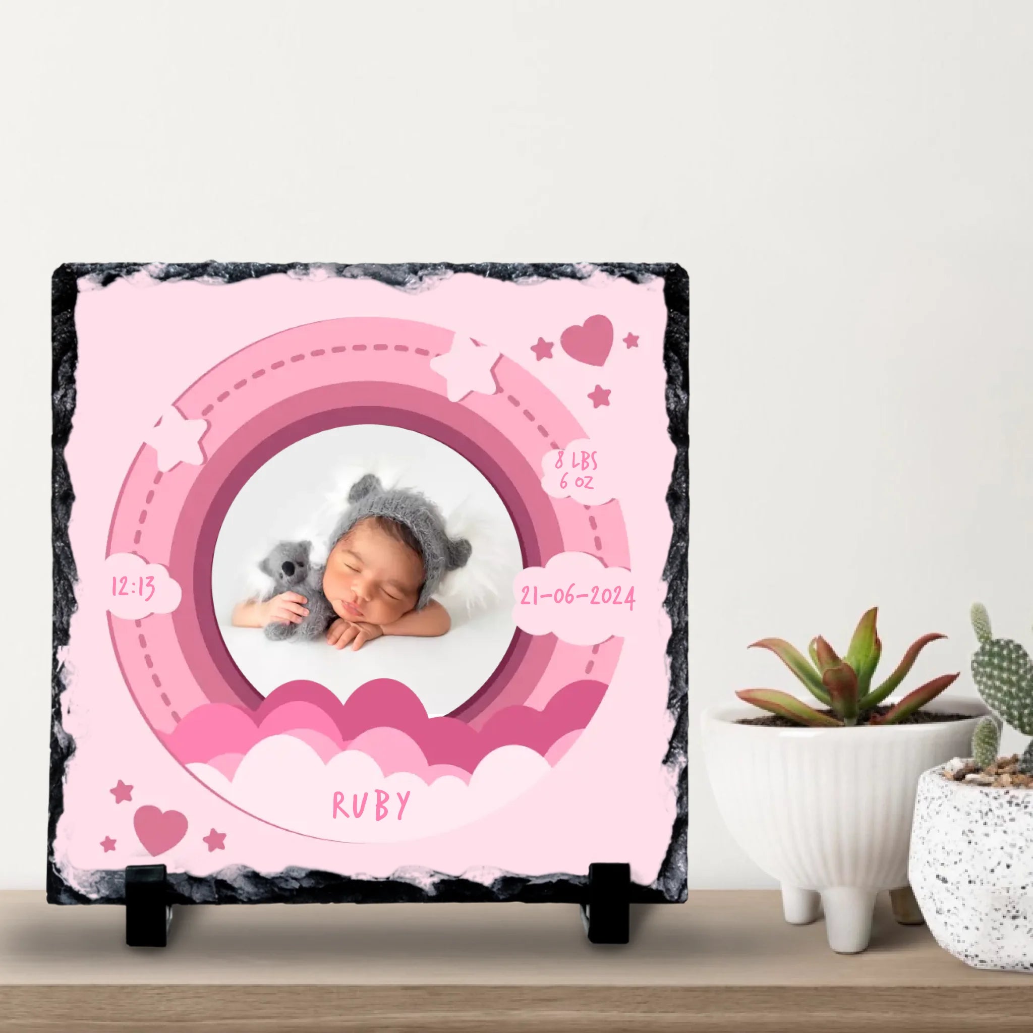 Custom Personalised Birth Announcement Photo Slate - Baby Girl - Pinks