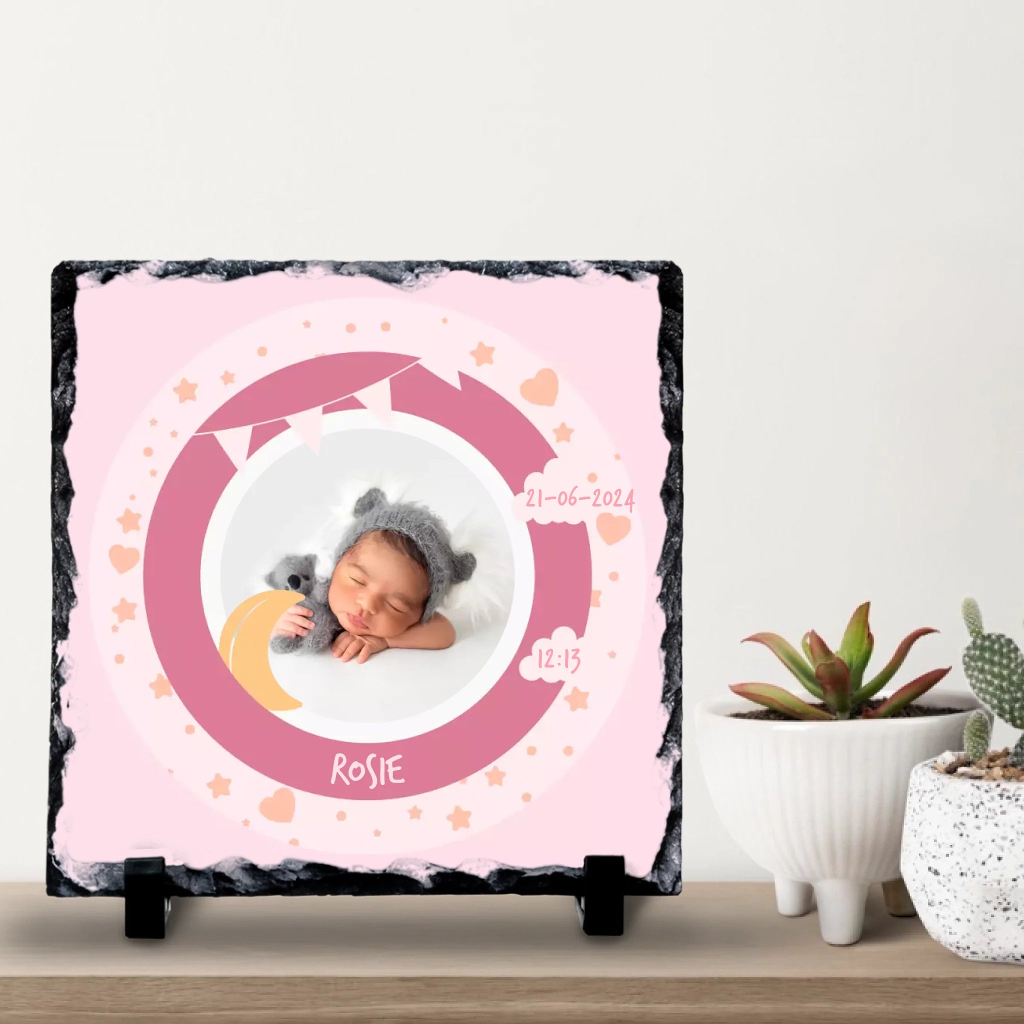 Custom Personalised Birth Announcement Photo Slate - Baby Girl - Pinks