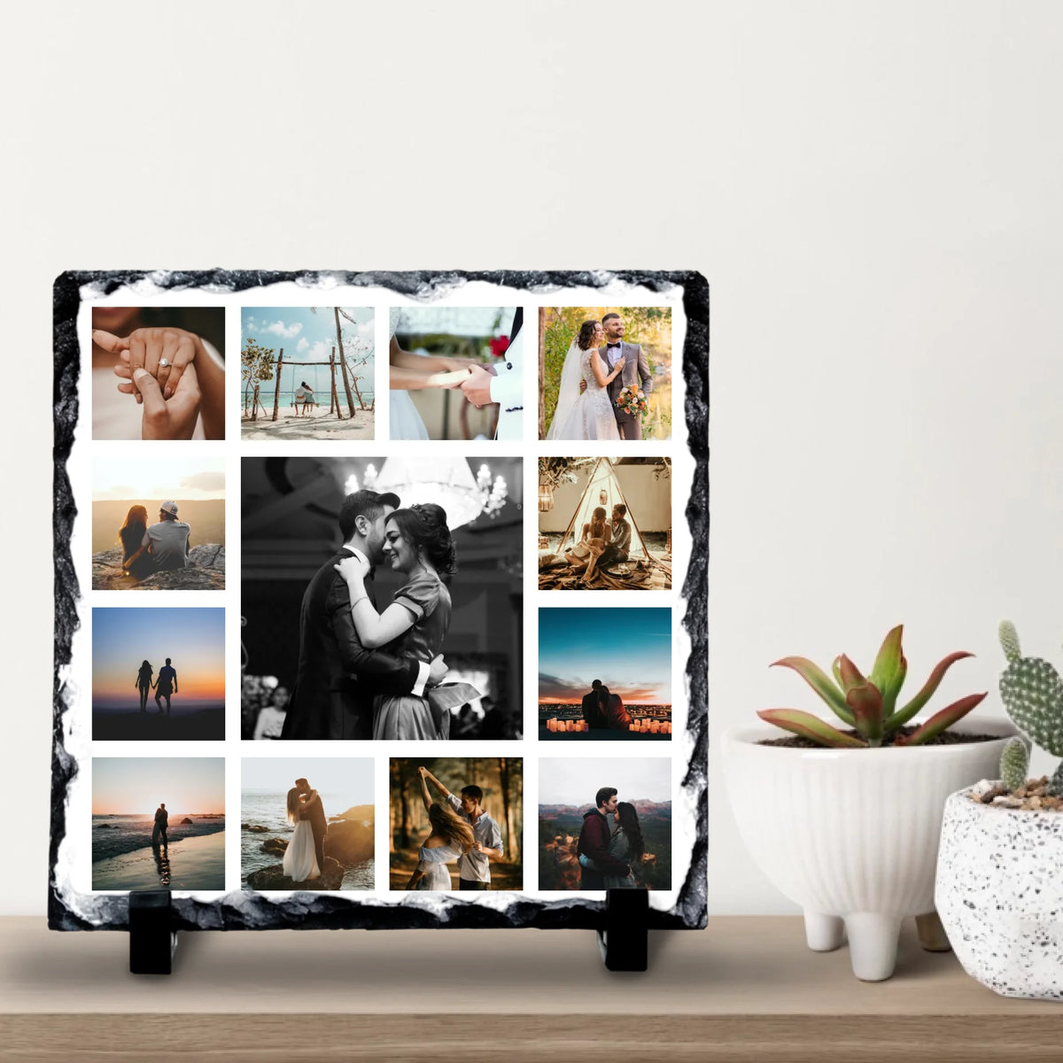 Personalised Photo Collage Slate – 13 Photo Square Design with Custom Text & Background Colour – Anniversary or Family Gift