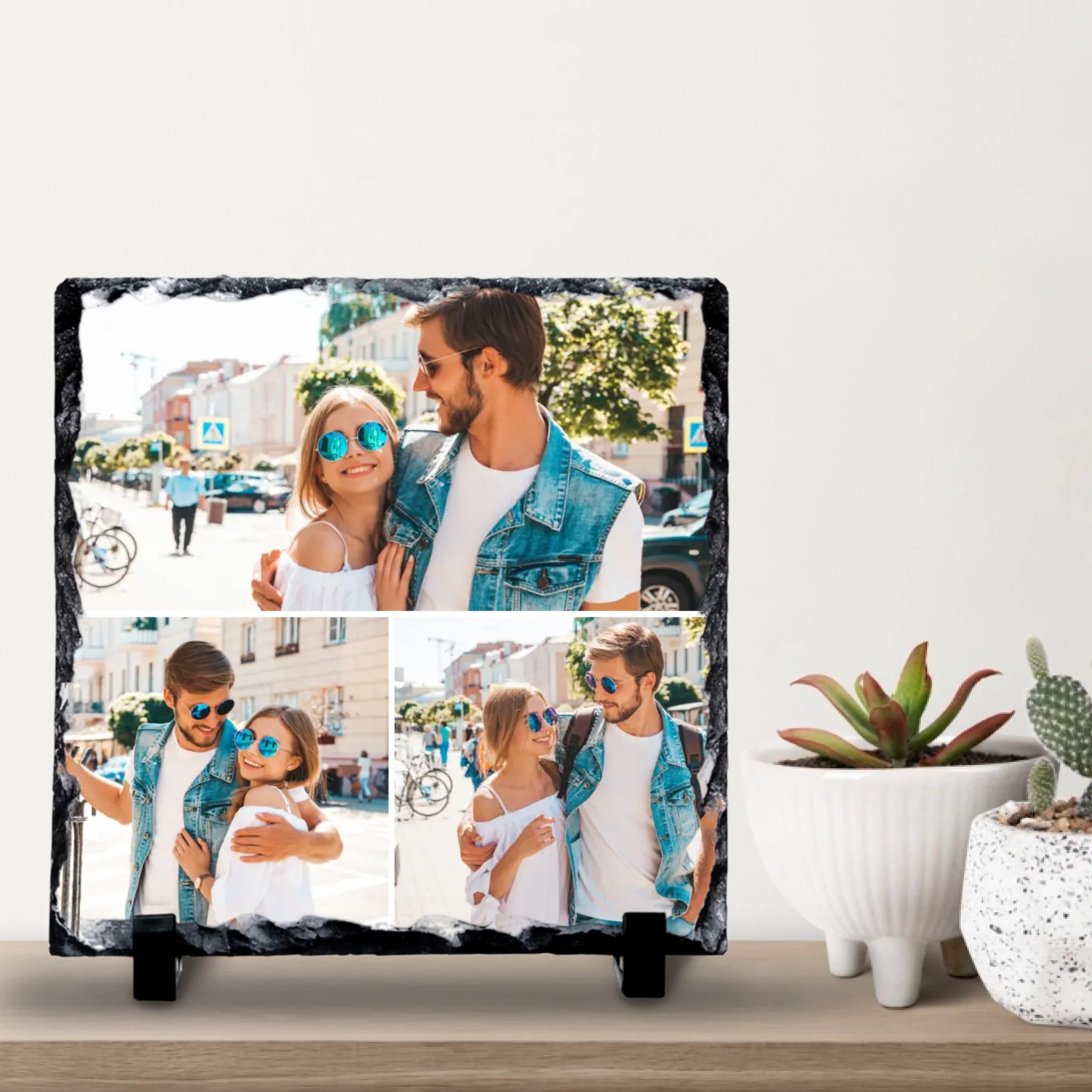 Custom Personalised Photo Slate - 3 Photos - Custom Collage with Text & Grid Colour Options