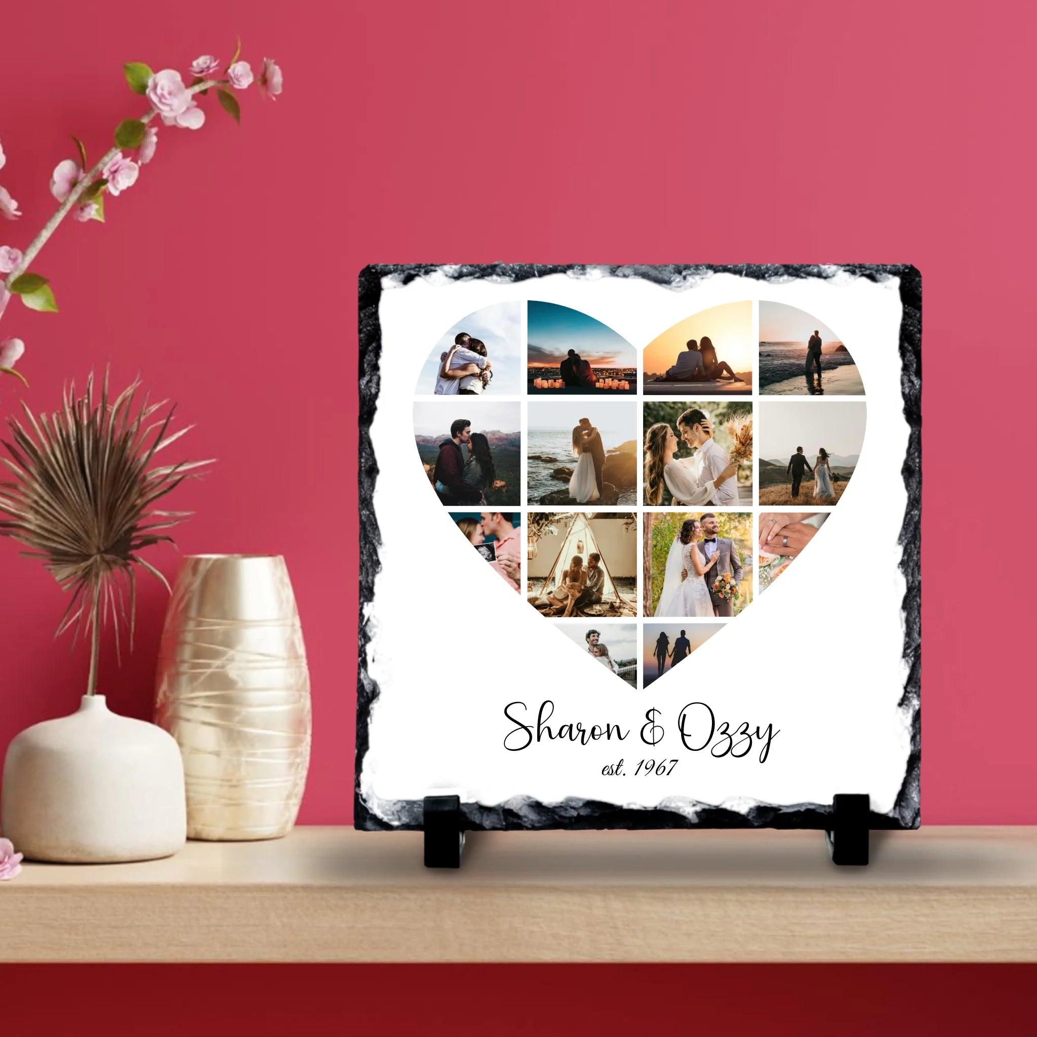 Personalised Heart 13 Photo Collage Slate – Custom Names & Date – Unique Anniversary or Wedding Keepsake