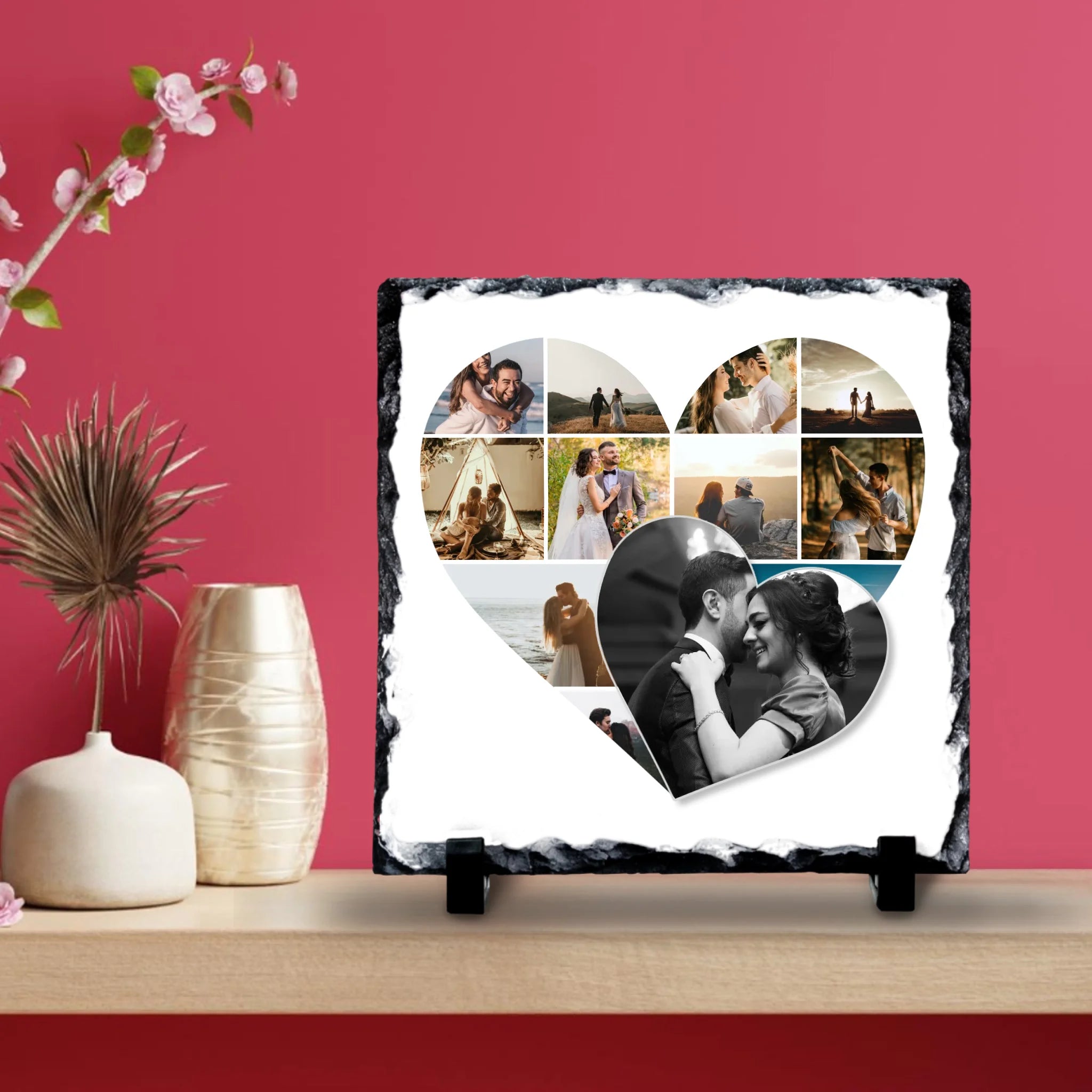 Personalised Double Heart Photo Collage Slate – Custom Multi-Photo Keepsake – Natural Slate Gift with Stands