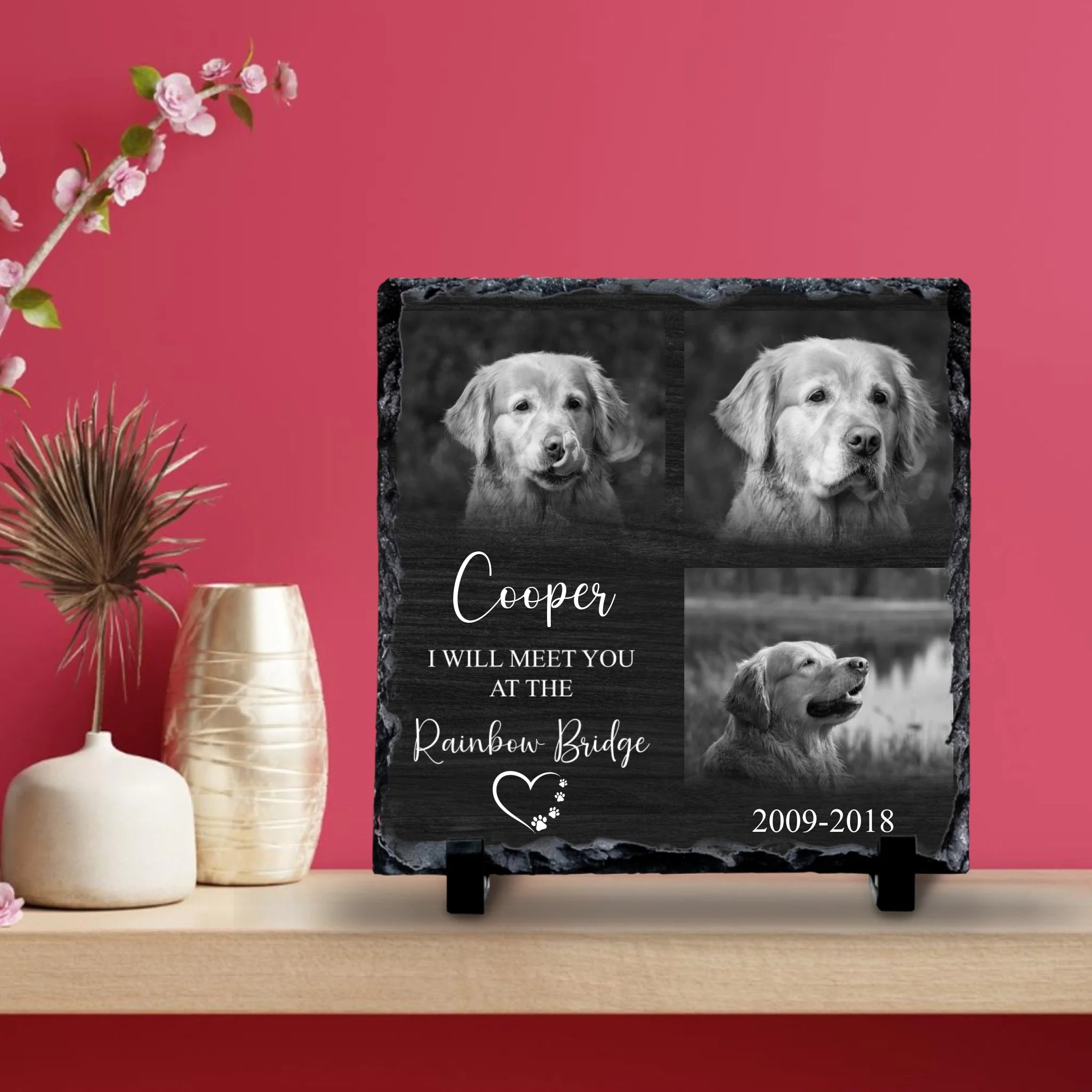 Custom Personalised Pet Memorial Photo Slate - Rainbow Bridge - Black & White