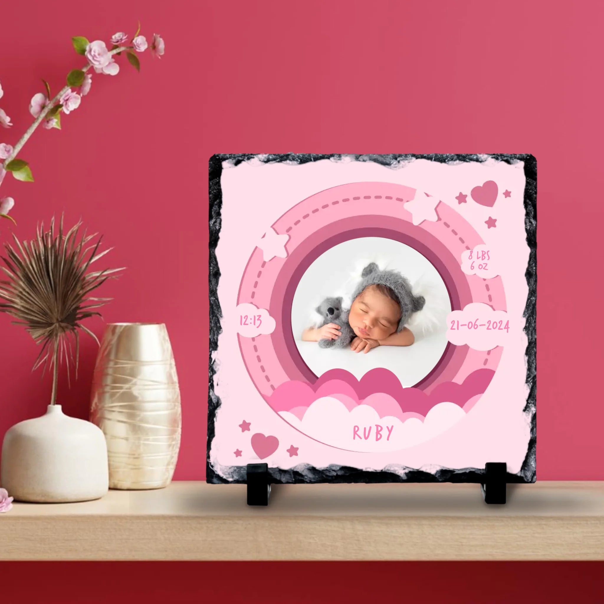 Custom Personalised Birth Announcement Photo Slate - Baby Girl - Pinks