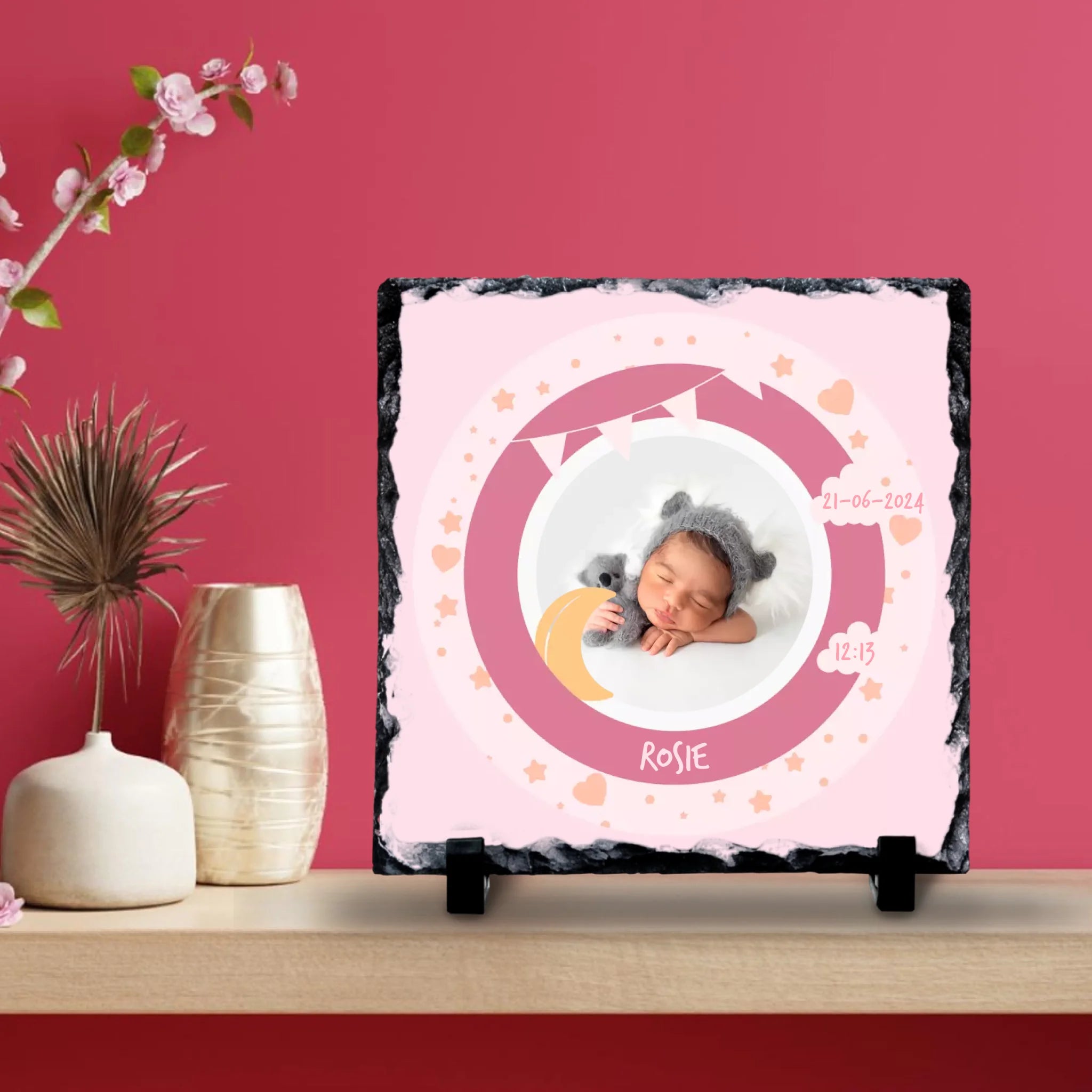 Custom Personalised Birth Announcement Photo Slate - Baby Girl - Pinks