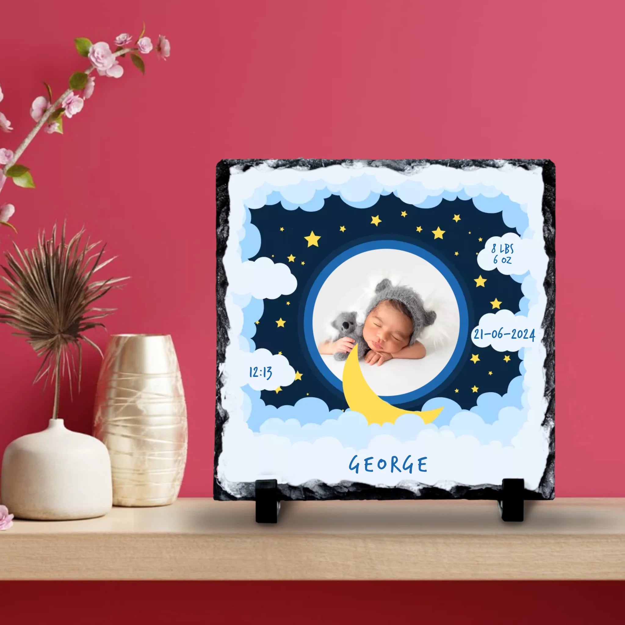 Custom Personalised Birth Announcement Photo Slate - Baby Boy - Blues