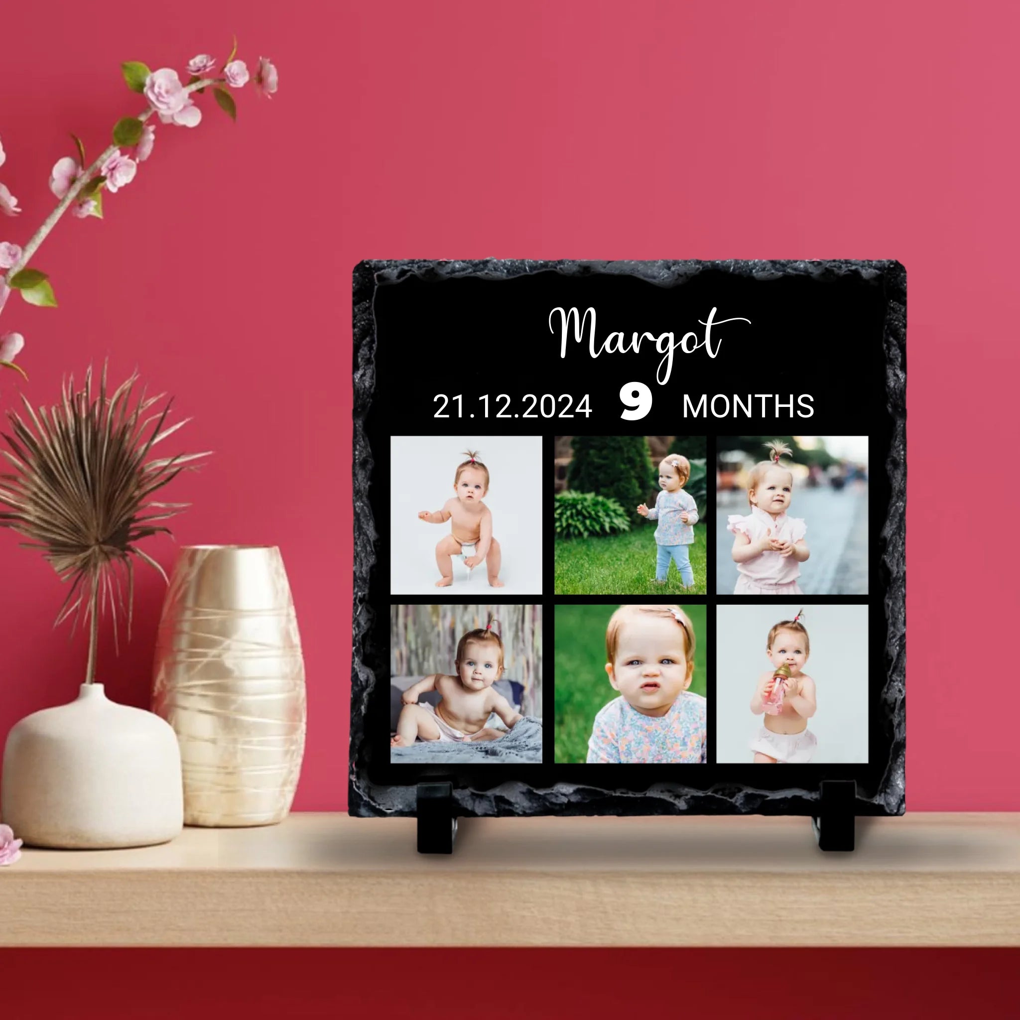 Personalised Milestone Photo Slate - Custom Square Design with 6 Photos, Name, Date & Age