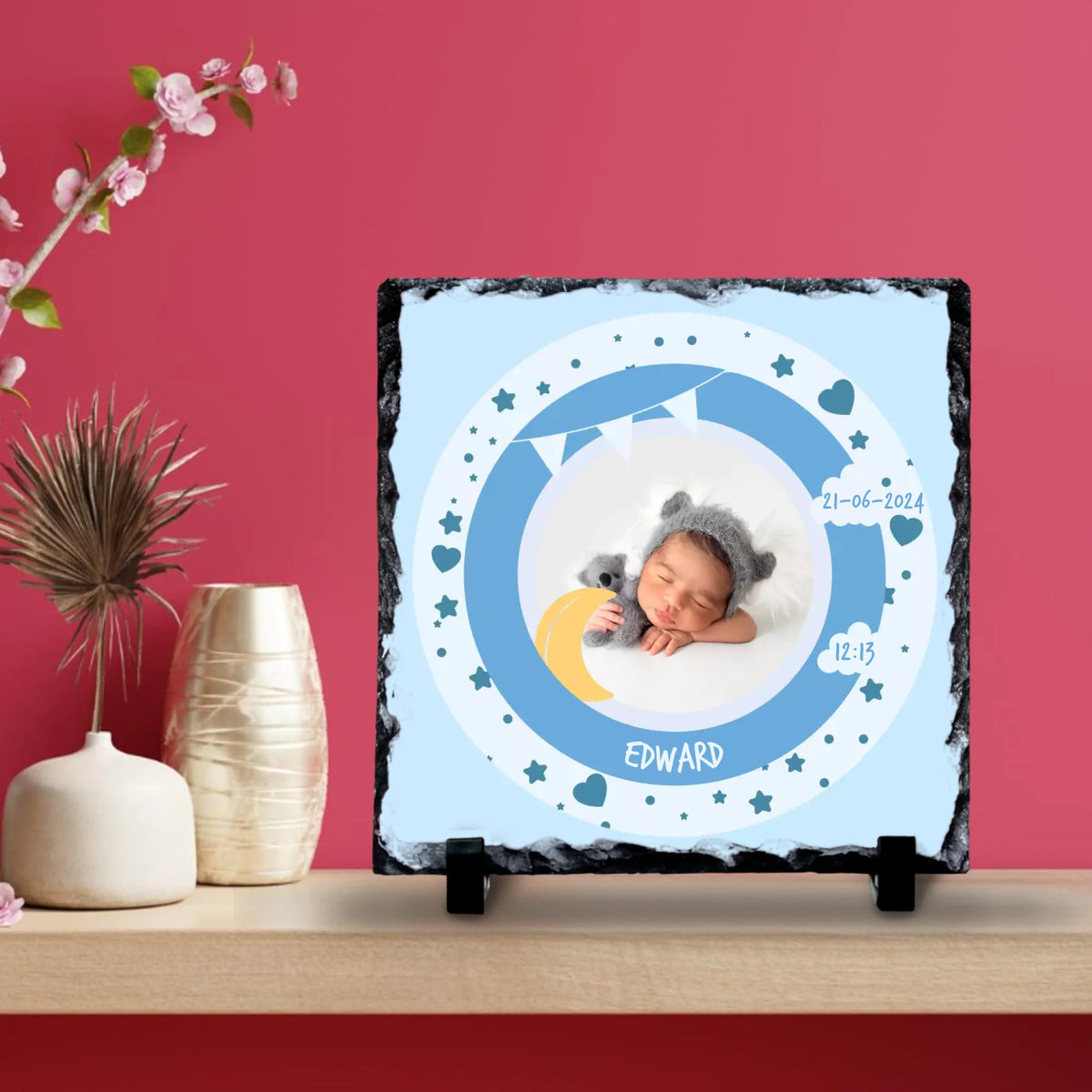 Custom Personalised Birth Announcement Photo Slate - Baby Boy - Blues