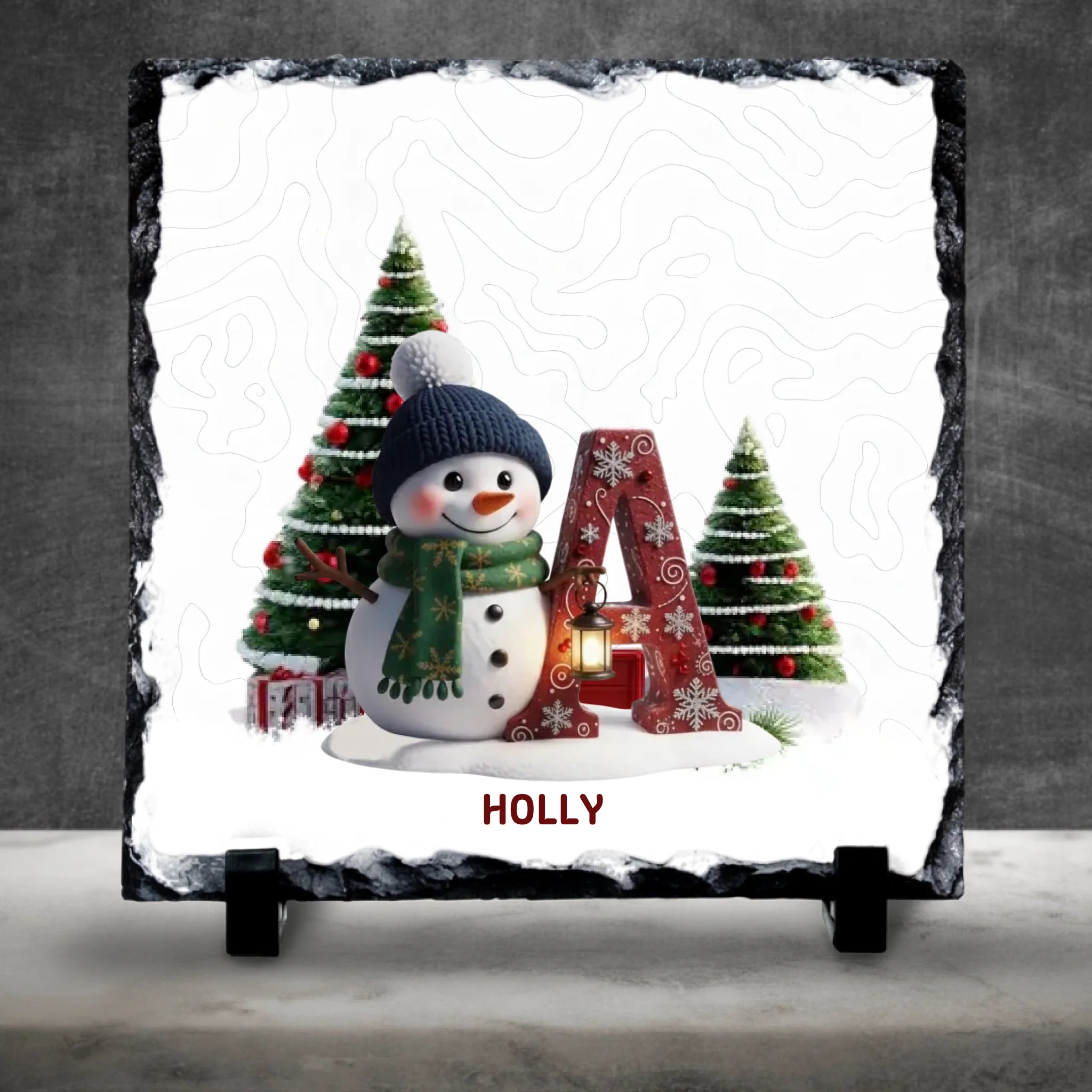 Personalised Christmas Initial Slate | Custom Snowman & Tree Design | Name Gift for Kids or Family