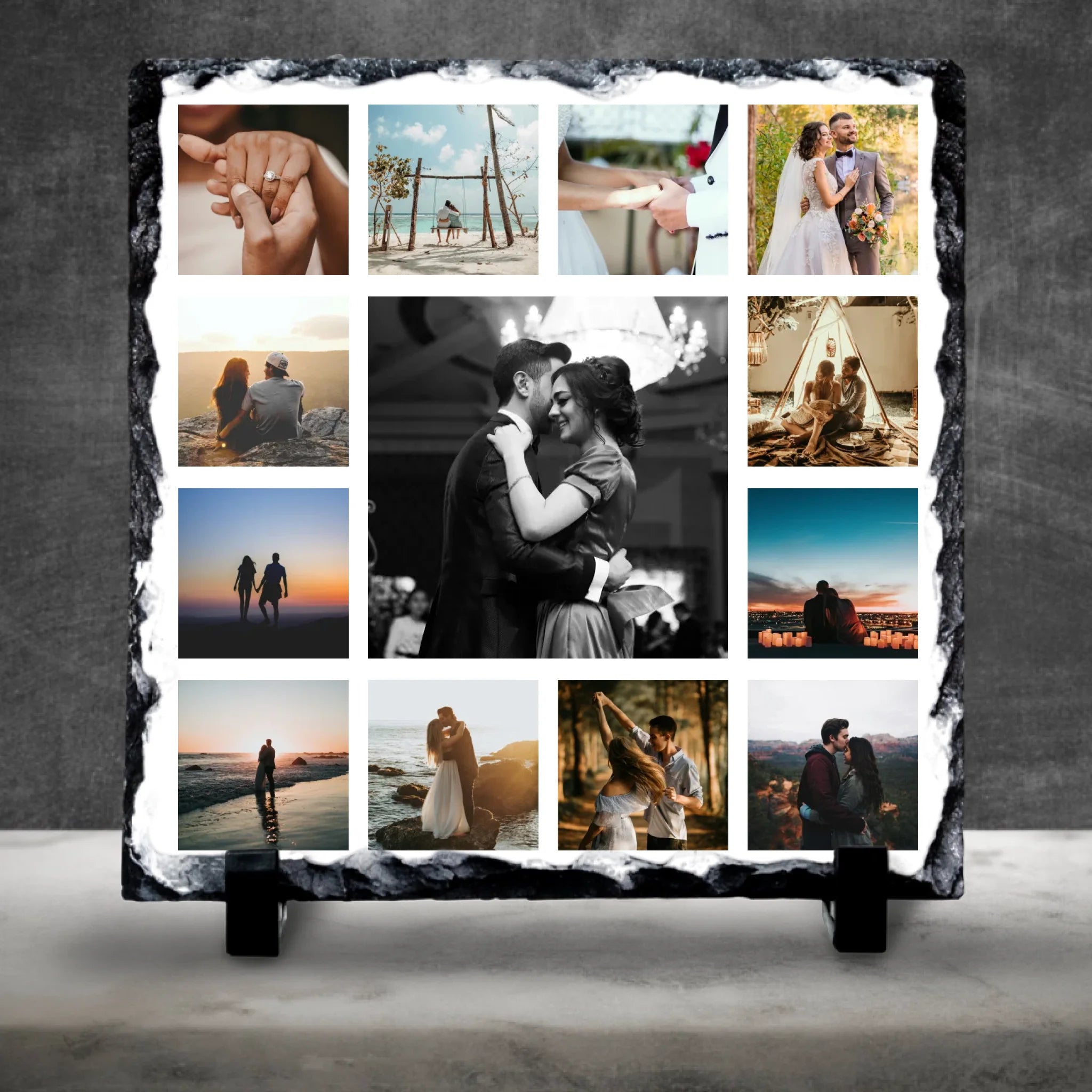 Personalised Photo Collage Slate – 13 Photo Square Design with Custom Text & Background Colour – Anniversary or Family Gift