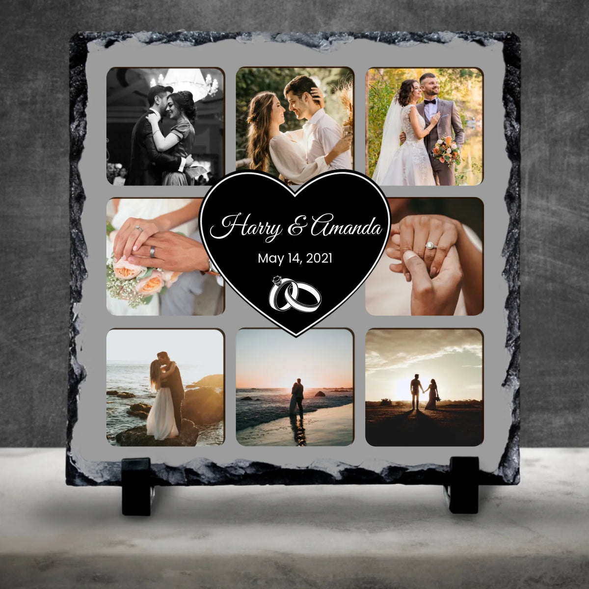 Personalised 9 Photo Collage Slate with Heart Centre – Custom Names & Date – Wedding or Anniversary Keepsake