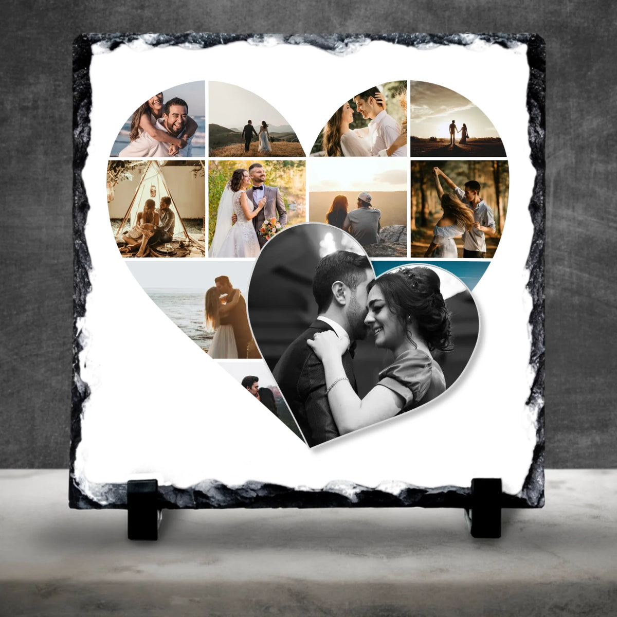 Personalised Double Heart Photo Collage Slate – Custom Multi-Photo Keepsake – Natural Slate Gift with Stands
