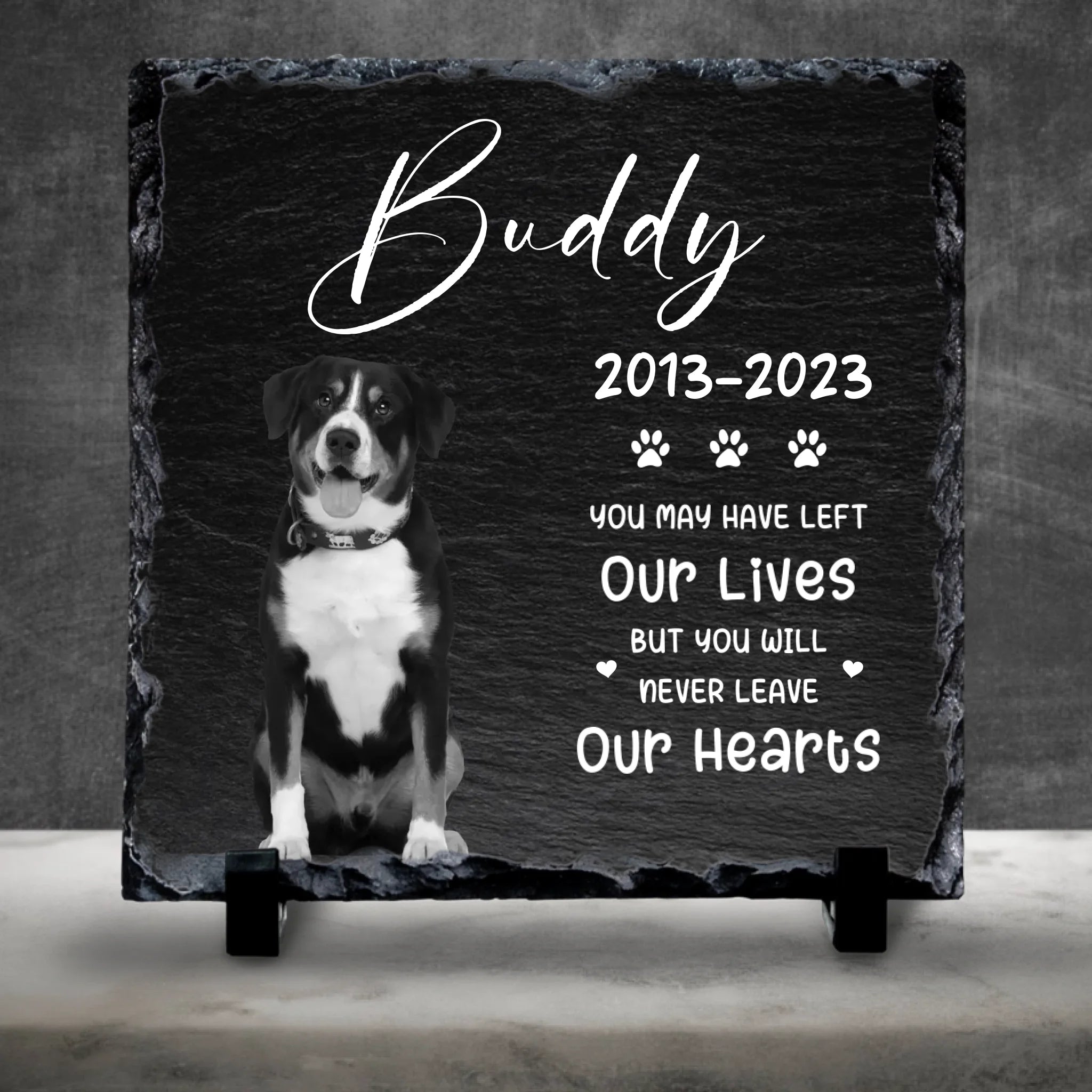 Custom Personalised Dog Memorial Photo Slate Plaque - Never Leave Our Hearts