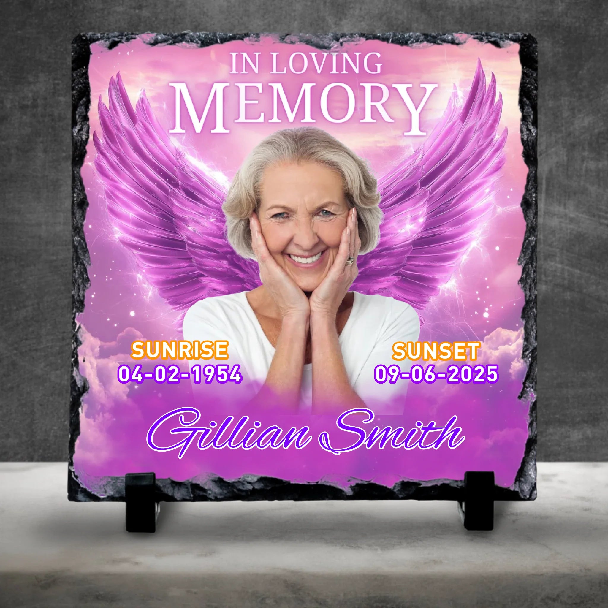 Custom Personalised Memorial Photo Slate Plaque - Purple Angel Wings