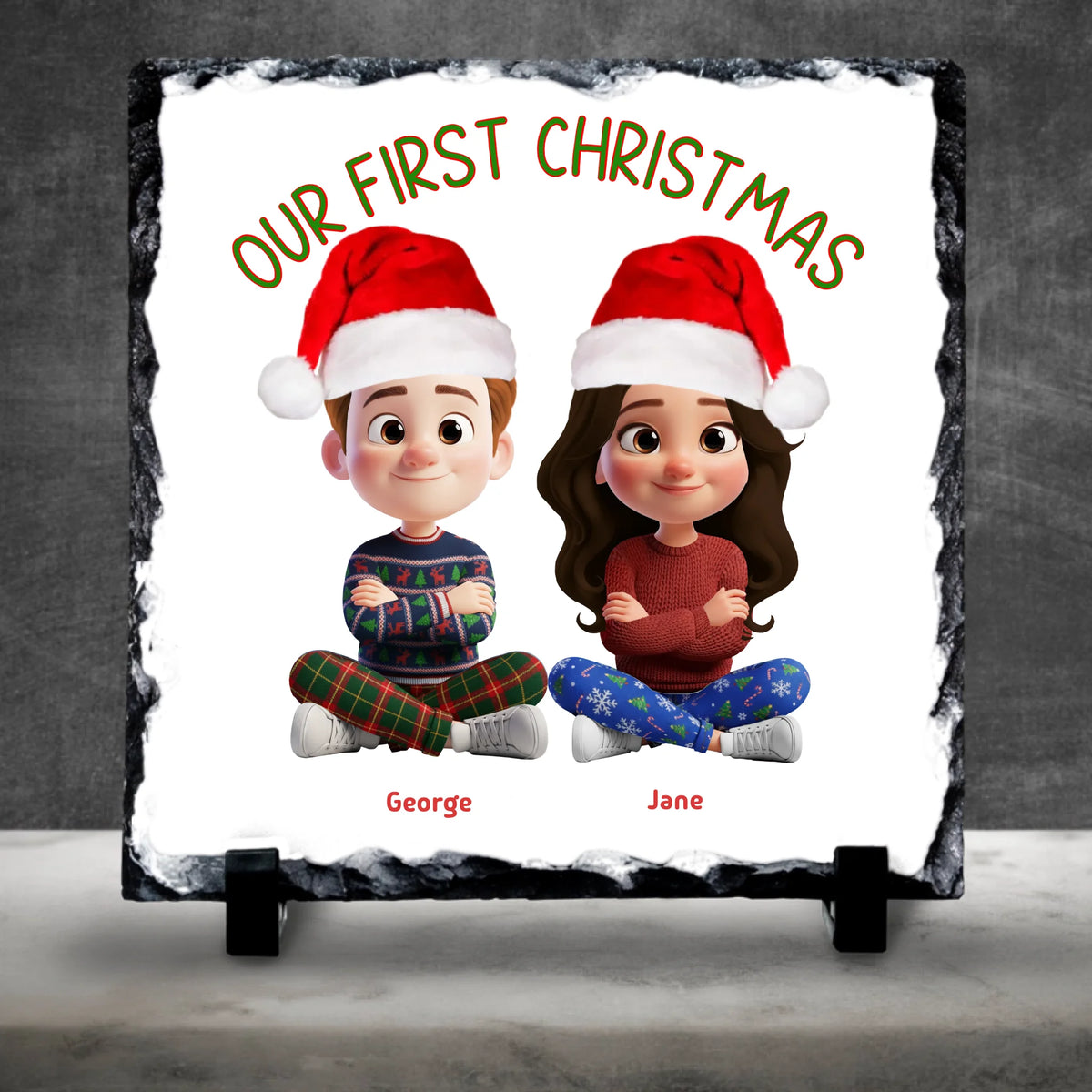 Our First Christmas Personalised Slate | Custom Couple Cartoon Design | Festive Gift Keepsake