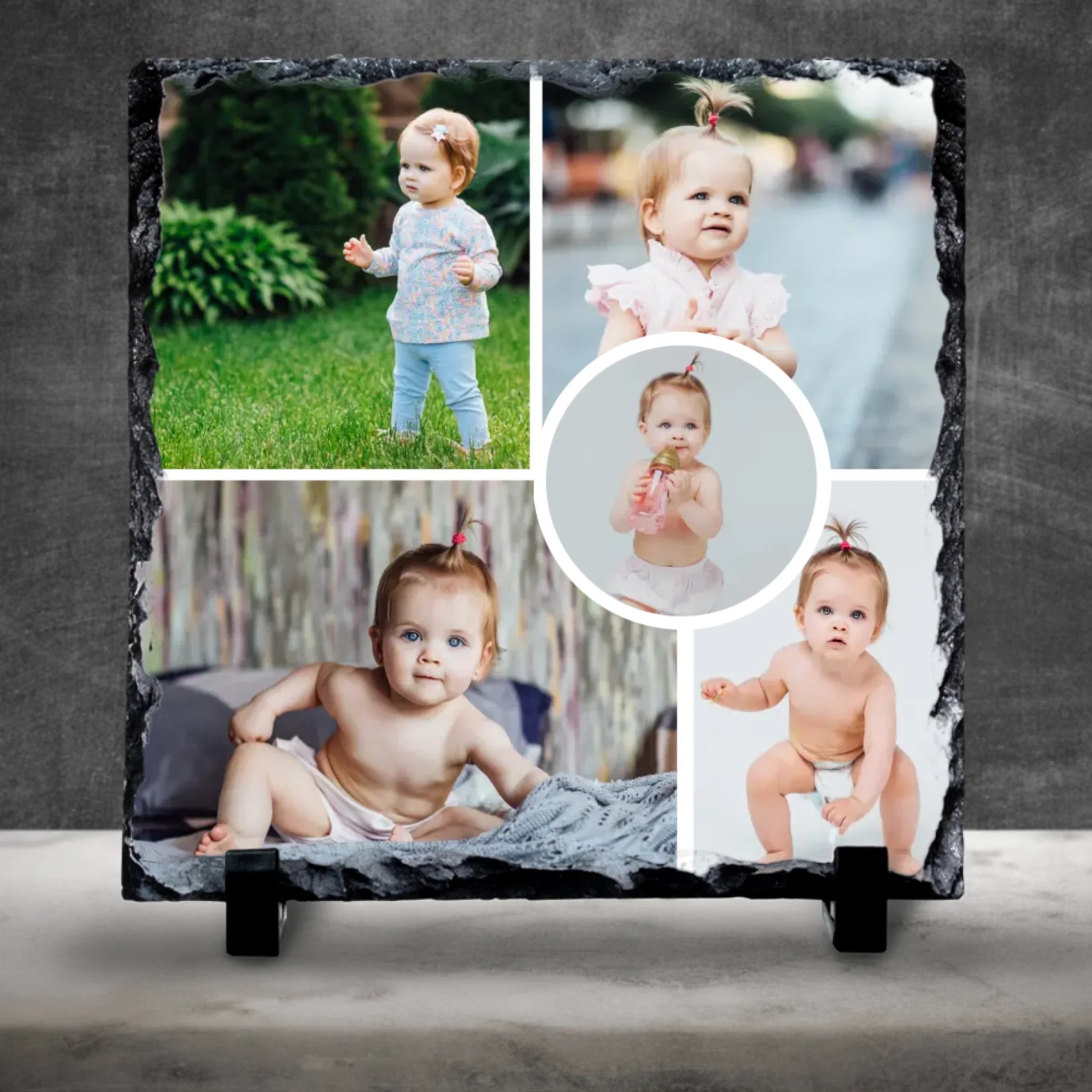 Personalised Collage Photo Slate - Custom 5-Photo Design with Central Circle Image