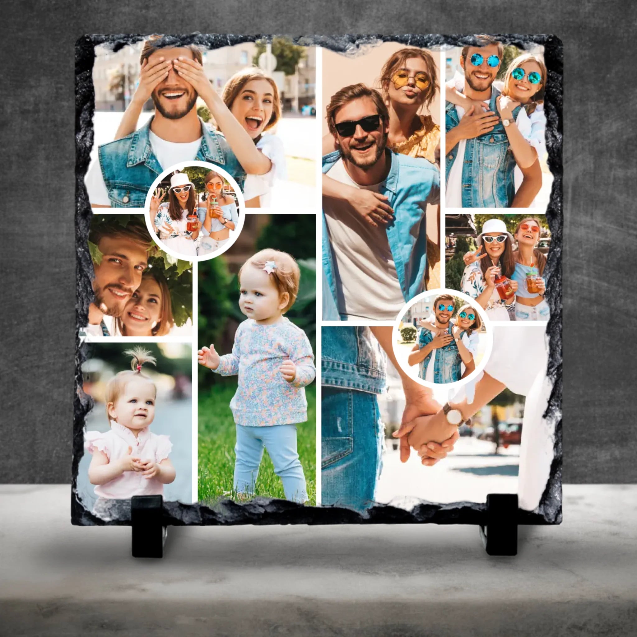 Custom Personalised Photo Slate - 10 Photos - Custom Collage With 2 Circle Photos