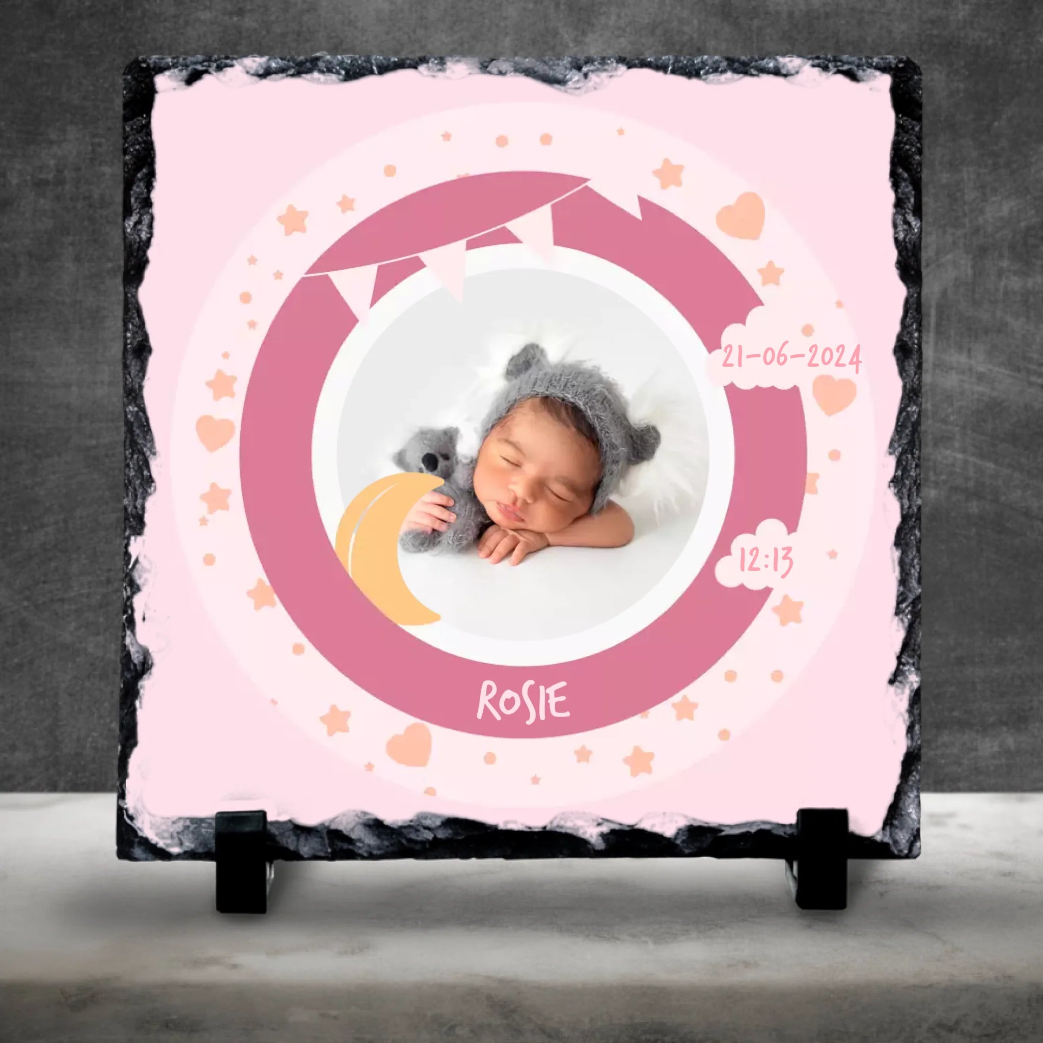 Custom Personalised Birth Announcement Photo Slate - Baby Girl - Pinks