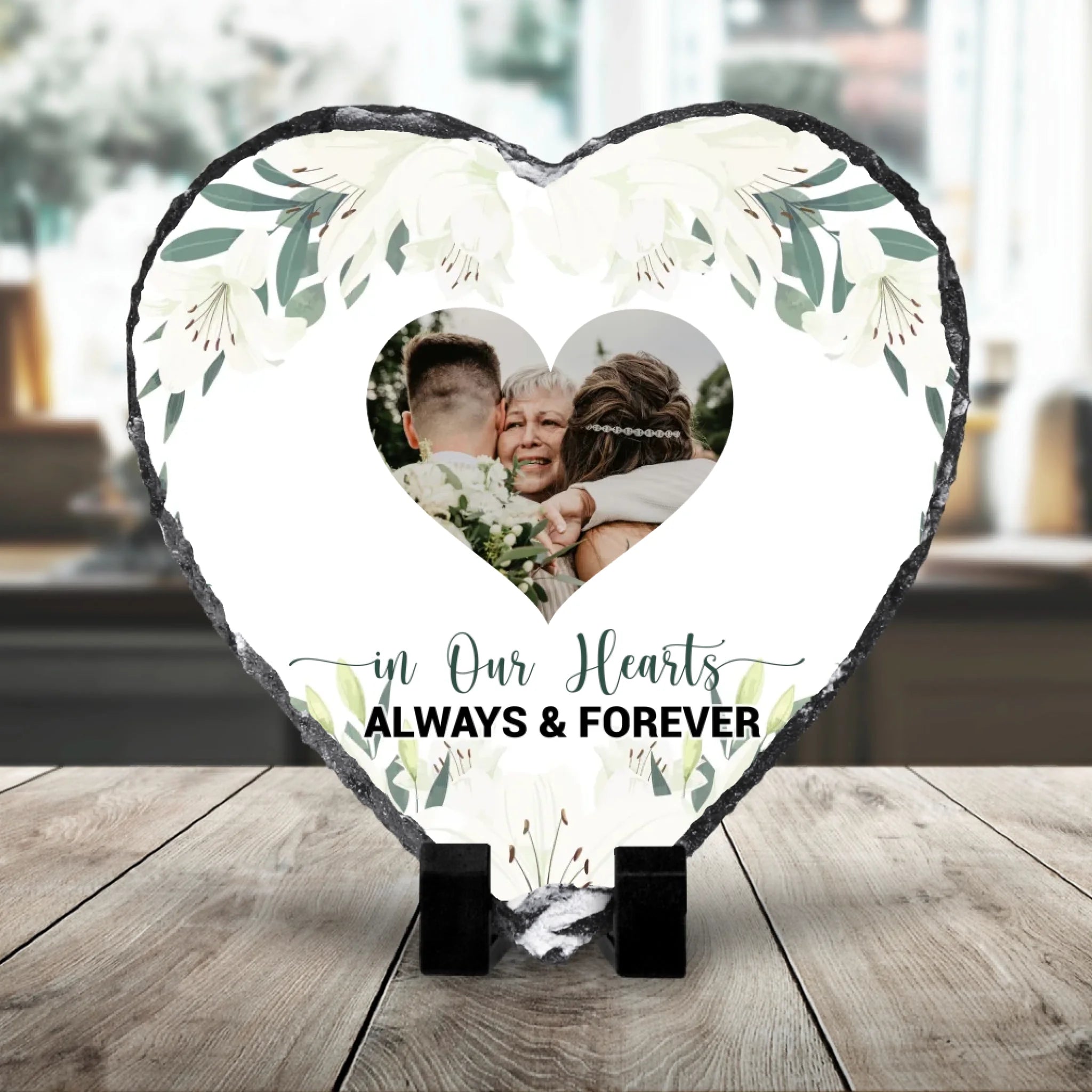 Personalised memorial heart shaped photo slate with floral border and custom photo