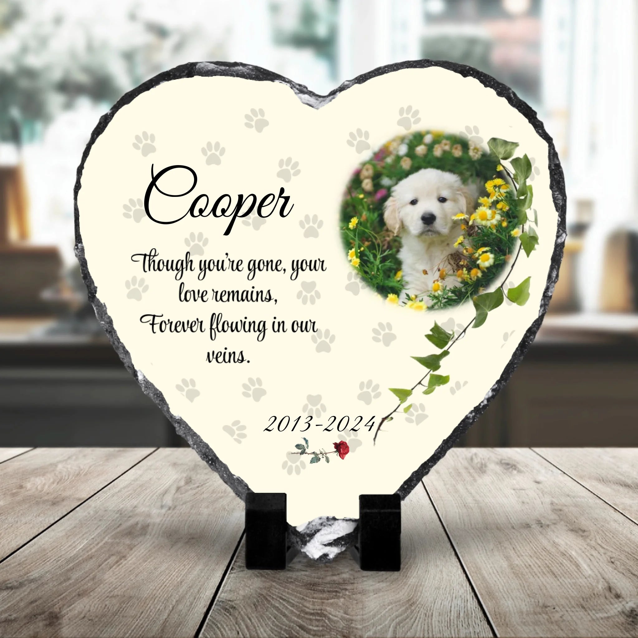 Personalised heart photo slate showing a custom pet photo, used as a memorial plaque keepsake