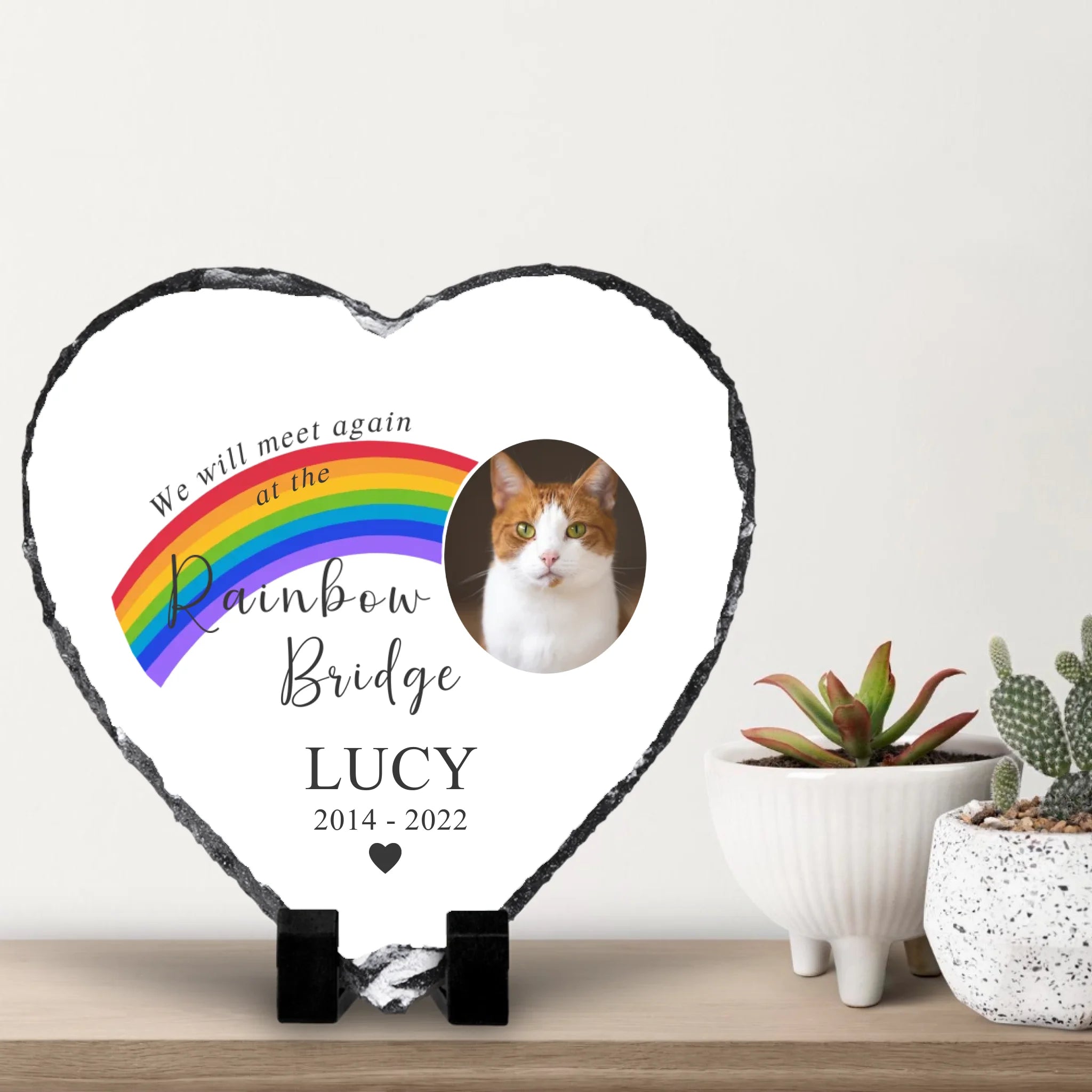 Custom pet memorial photo slate on a light background showing personalised photo print