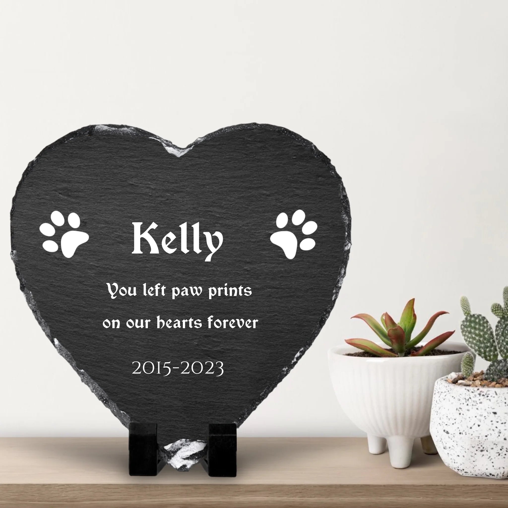 Custom pet memorial photo slate displayed on a shelf as a home keepsake