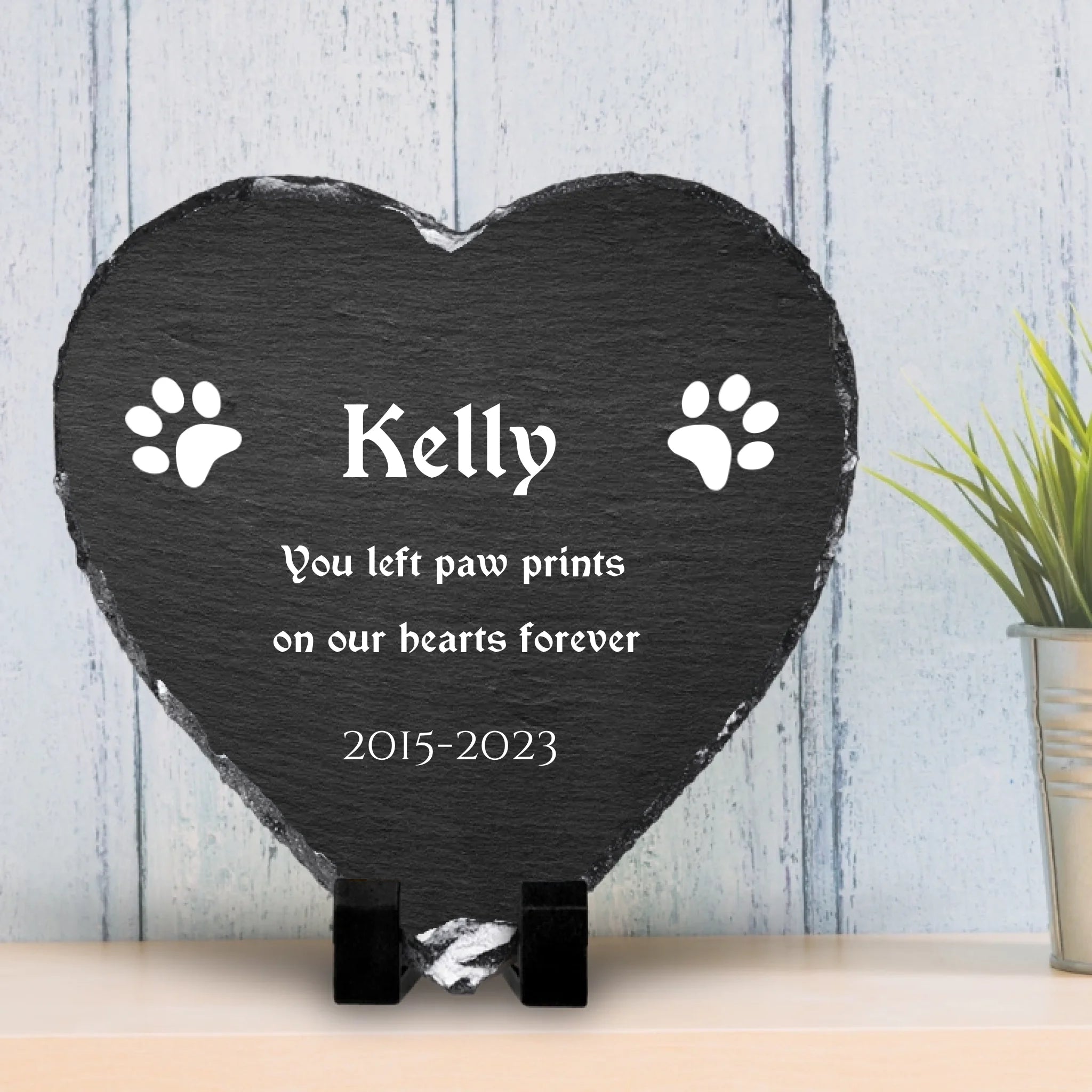 Personalised heart shaped photo slate for pet loss shown in a home setting