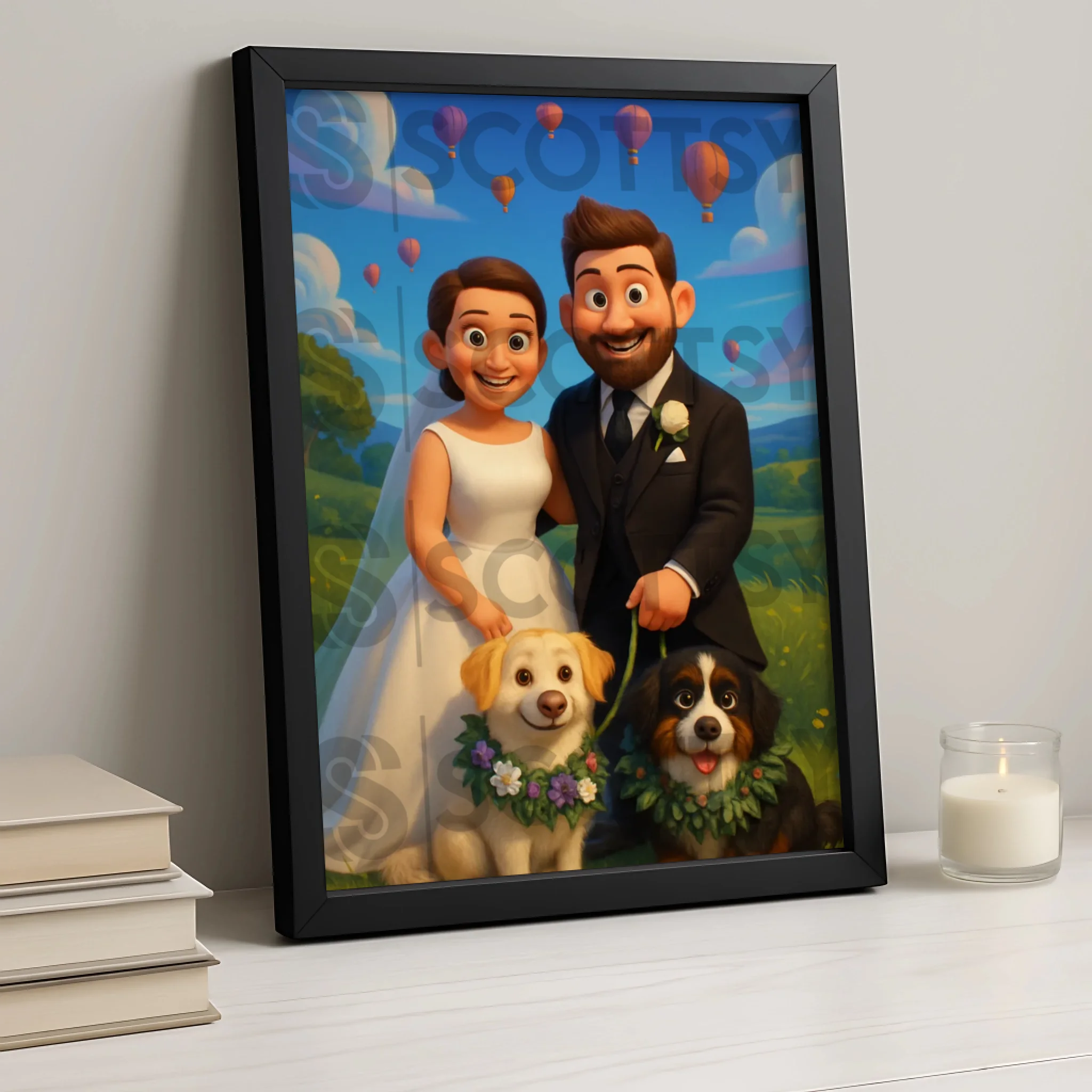 Custom Cartoon Style Portrait Frame | Personalised Cartoon Couple & Pet Illustration | Unique Anniversary or Gift Wall Art