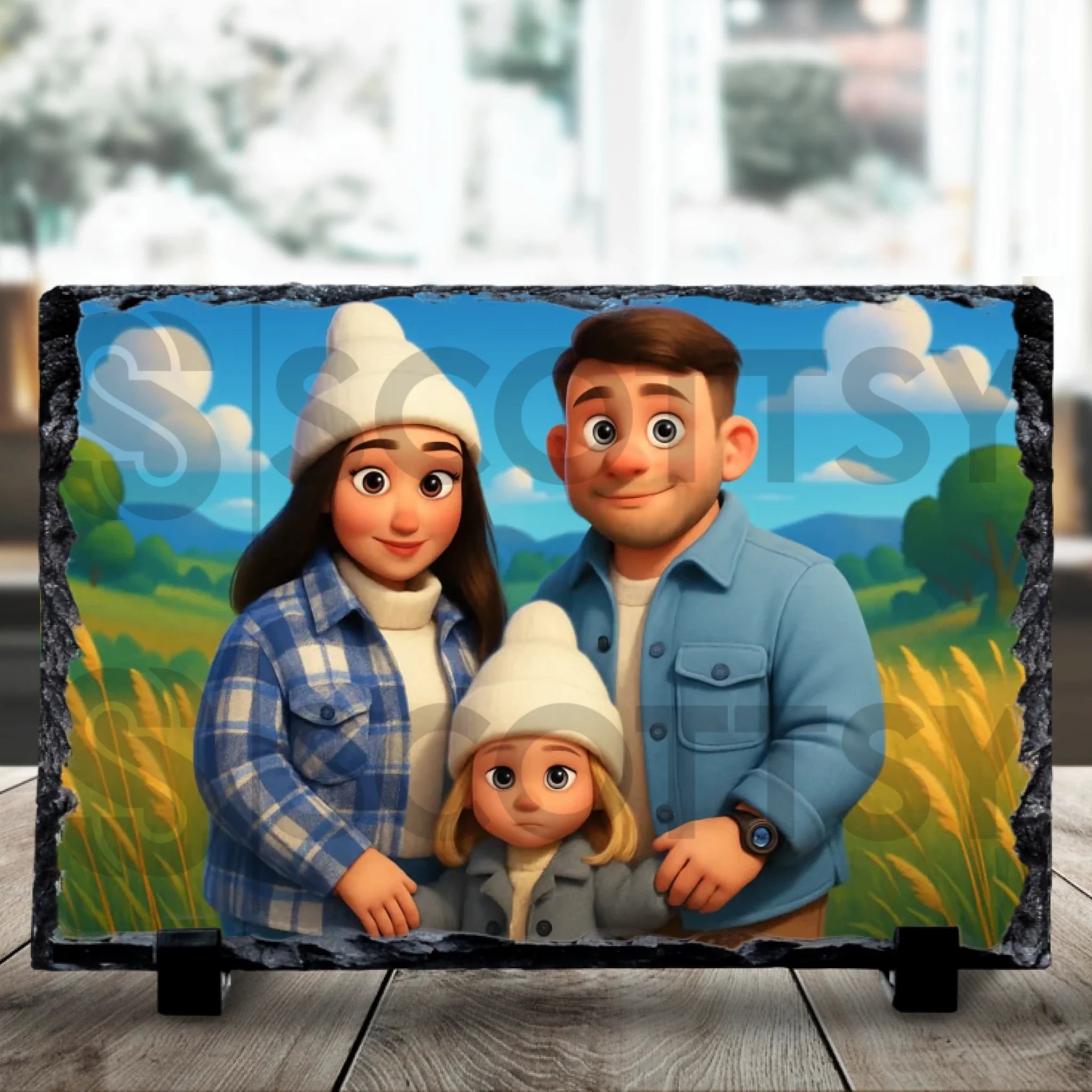 Personalised photo slate gift with cartoon style print, shown from an alternate angle