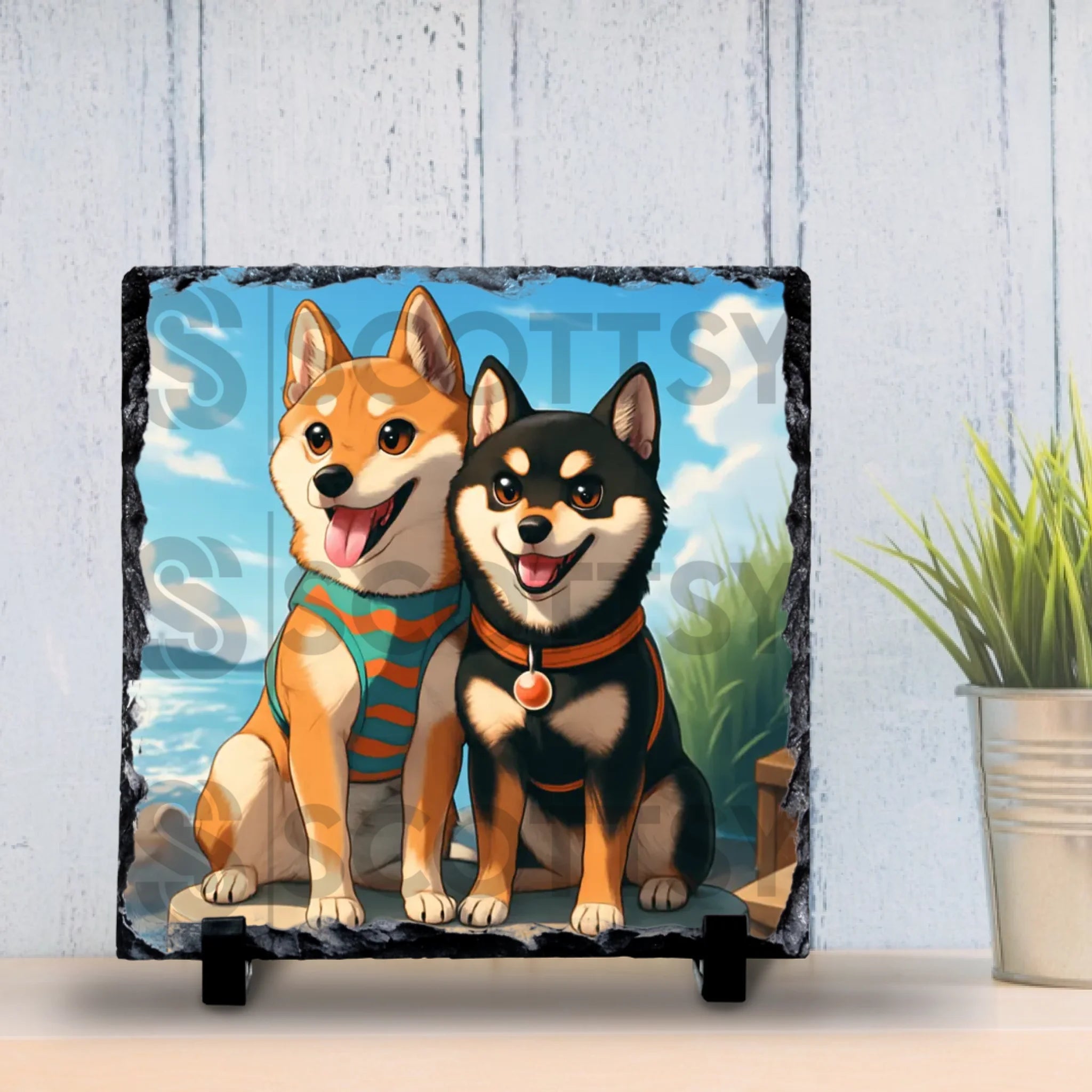 Custom pet photo slate with anime-style cartoon portrait printed on slate