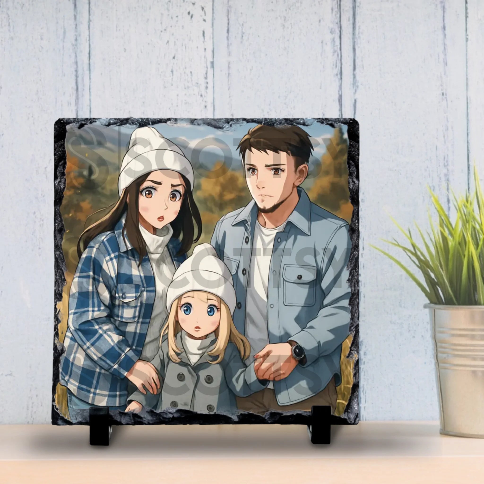 Custom photo slate gift showing a family portrait transformed into anime artwork
