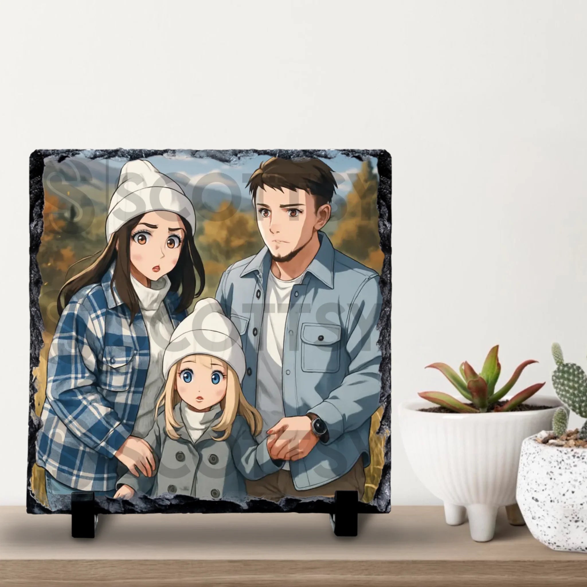 Close-up of a personalised photo slate with anime-style art printed on stone