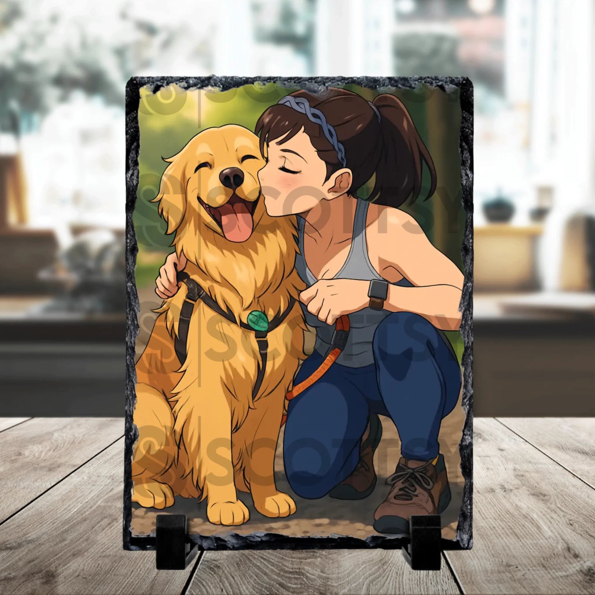 Personalised photo slate showing an anime-style portrait created from a personal photo