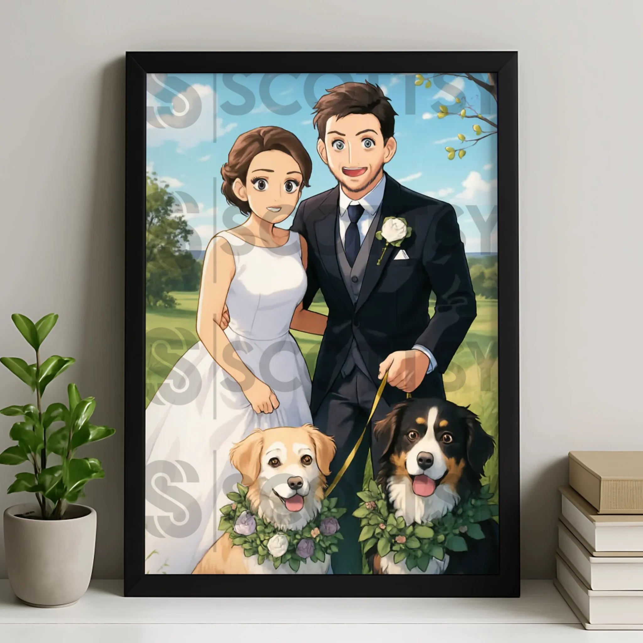Custom Anime Manga Style Portrait Frame | Personalised Cartoon Couple & Pet Illustration | Gift Wall Art