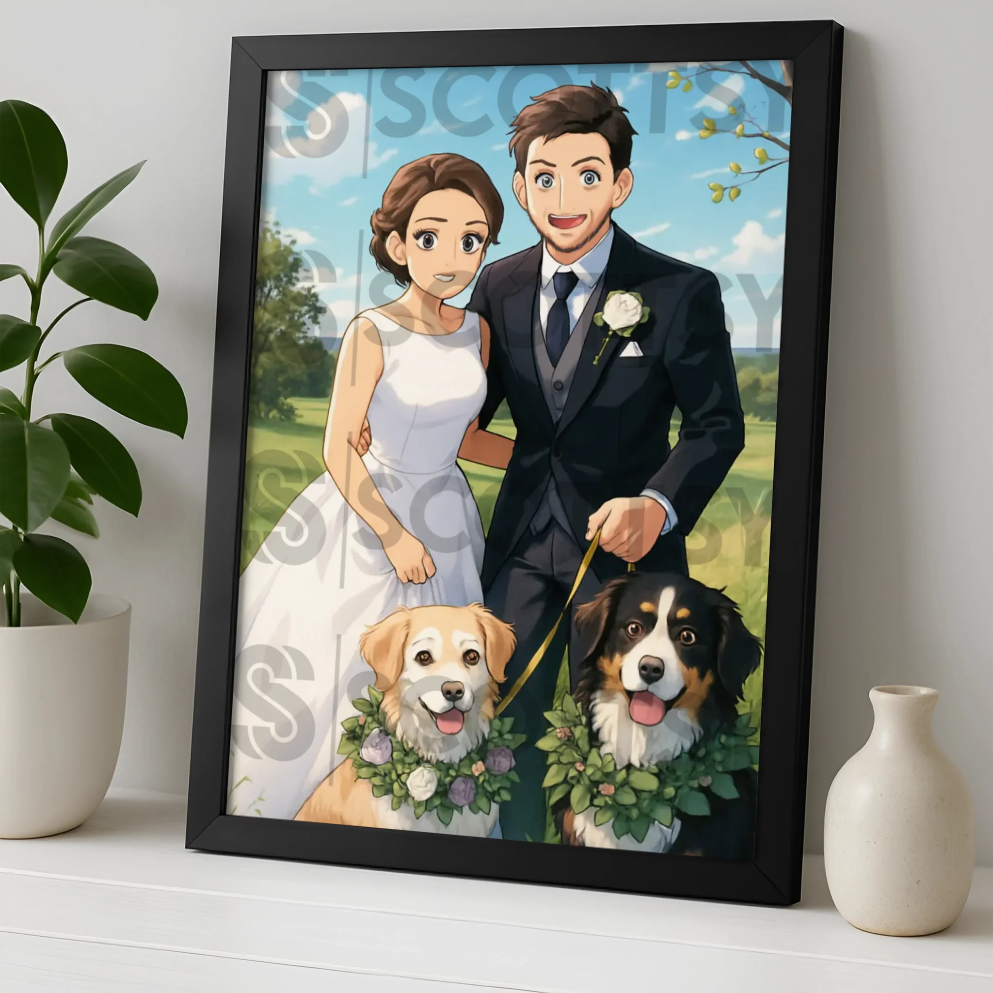 Custom Anime Manga Style Portrait Frame | Personalised Cartoon Couple & Pet Illustration | Gift Wall Art