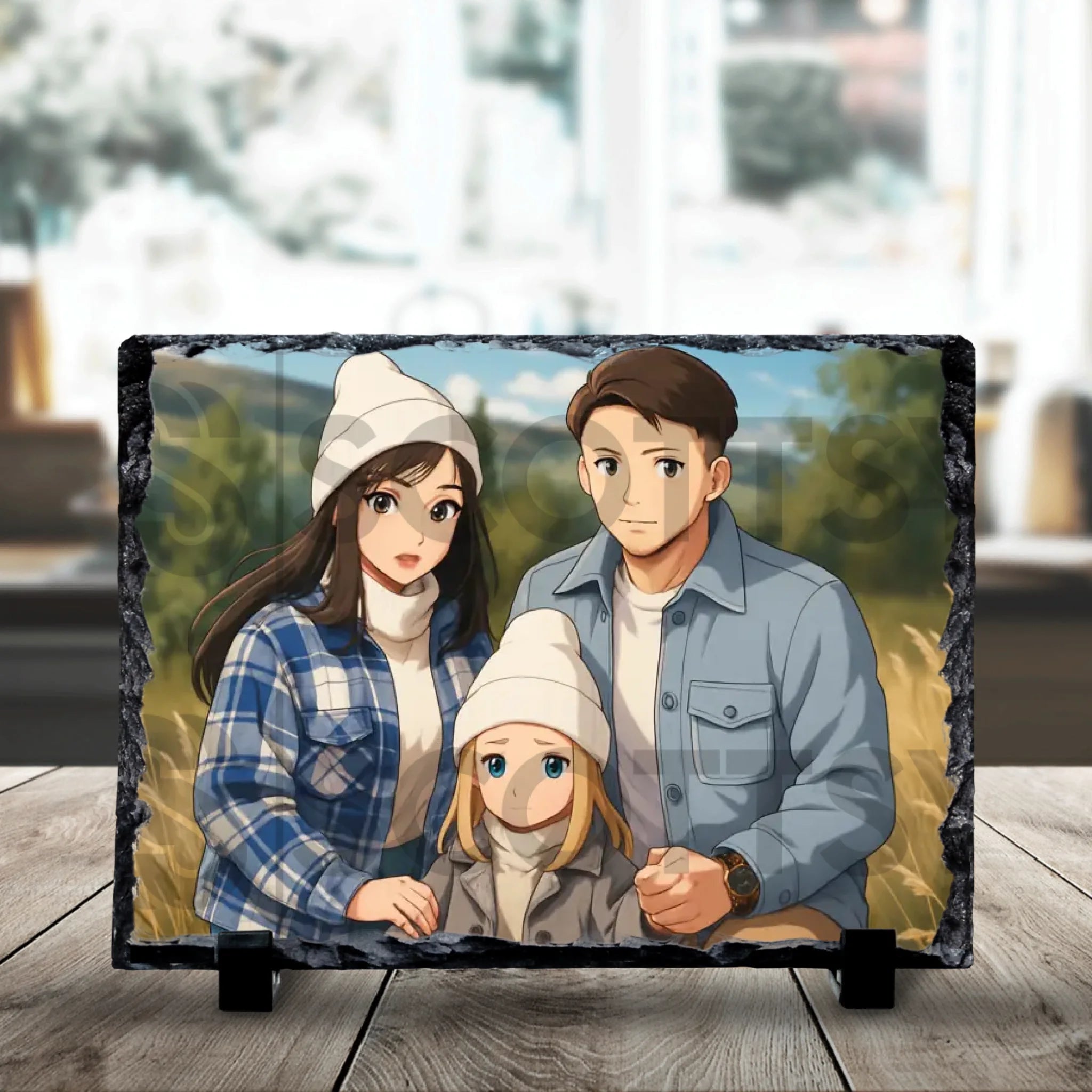 19x14cm personalised photo slate with anime-style artwork printed on stone