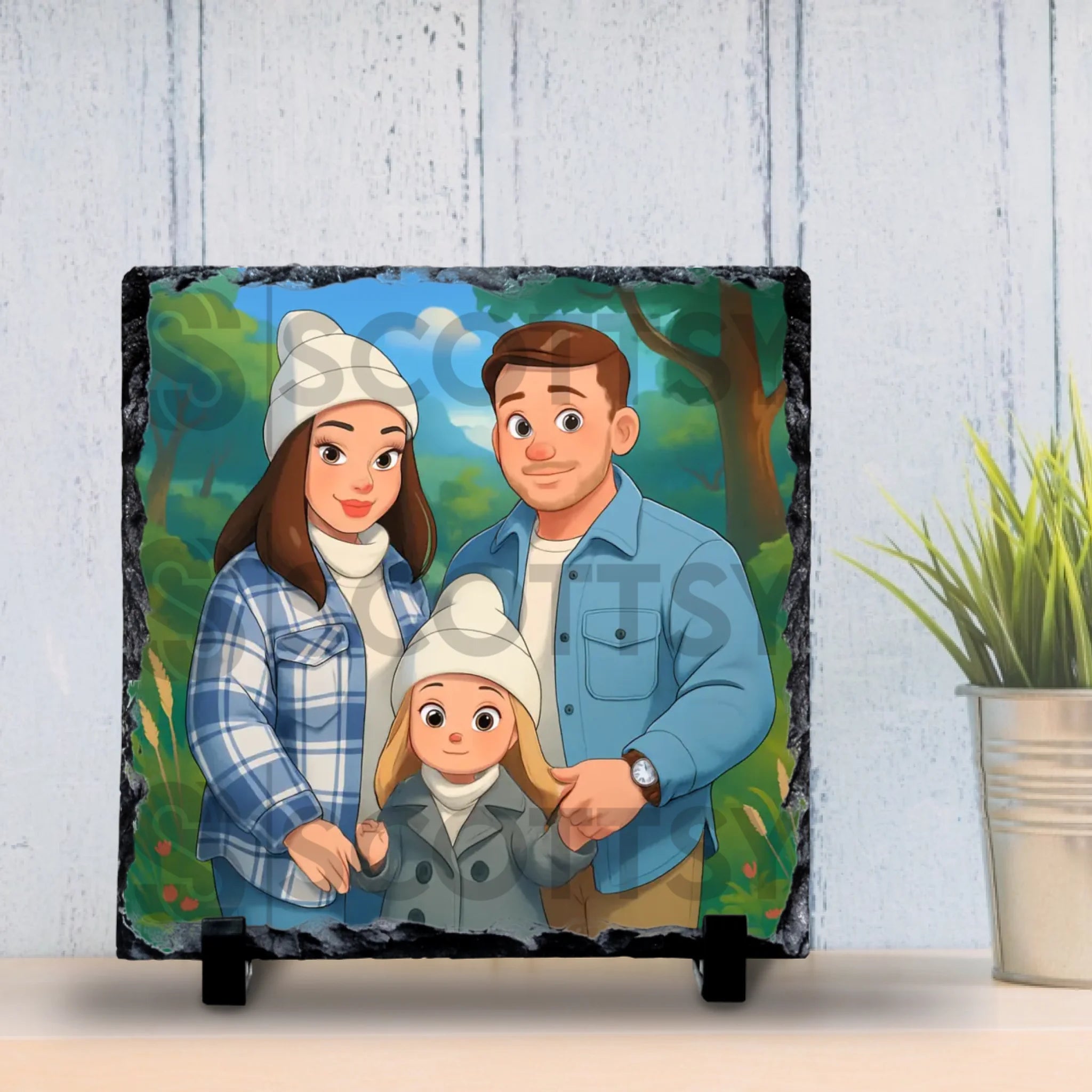Personalised photo slate with cartoon portrait style illustration