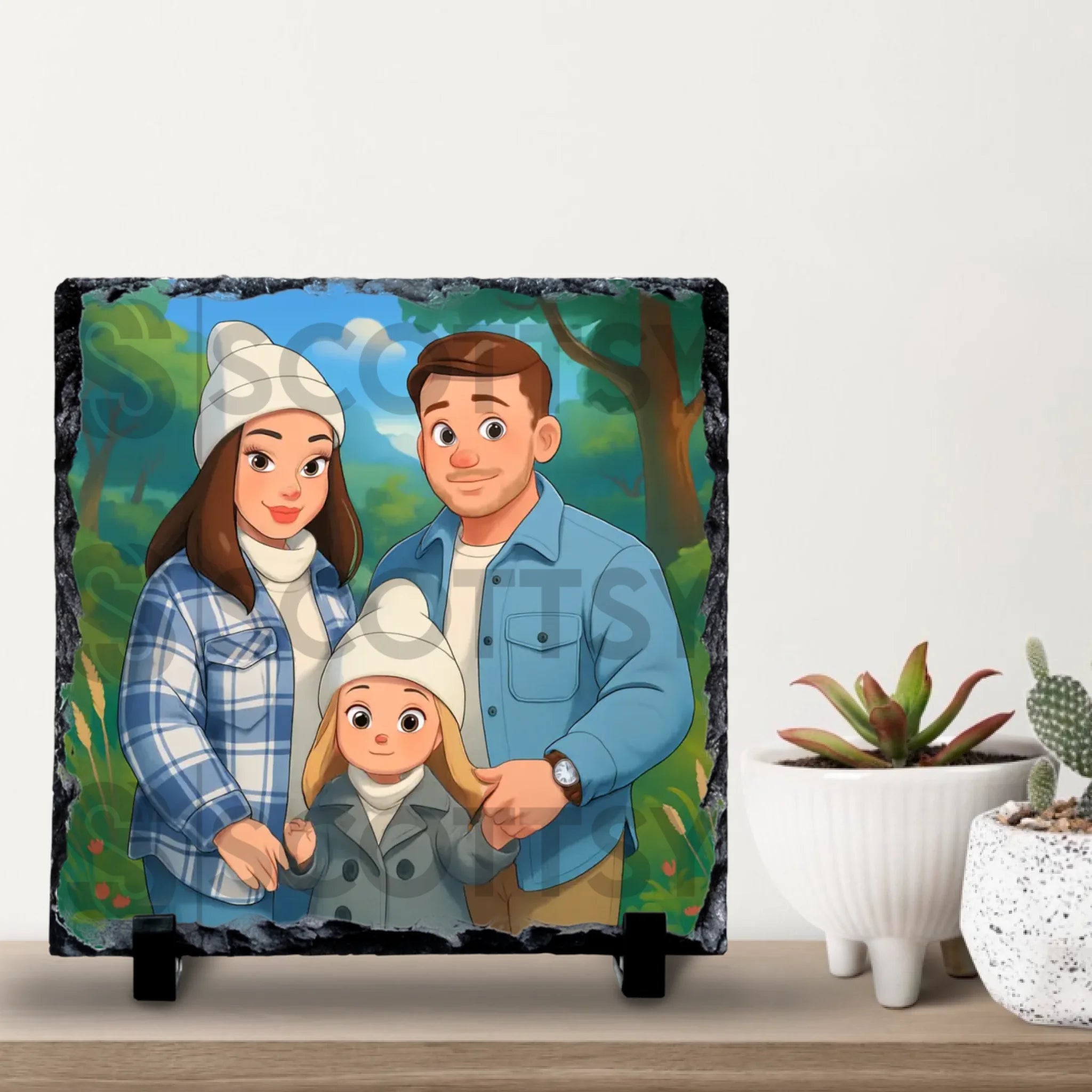 Custom cartoon portrait gift printed on natural slate