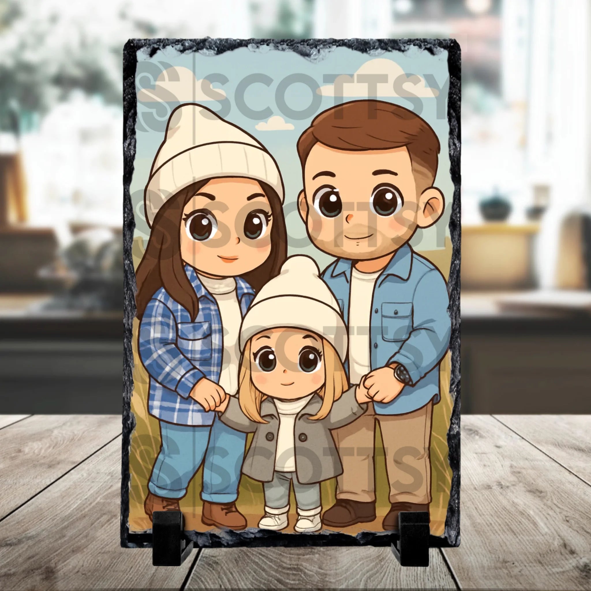 Close-up of personalised cartoon portrait on photo slate in chibi art style