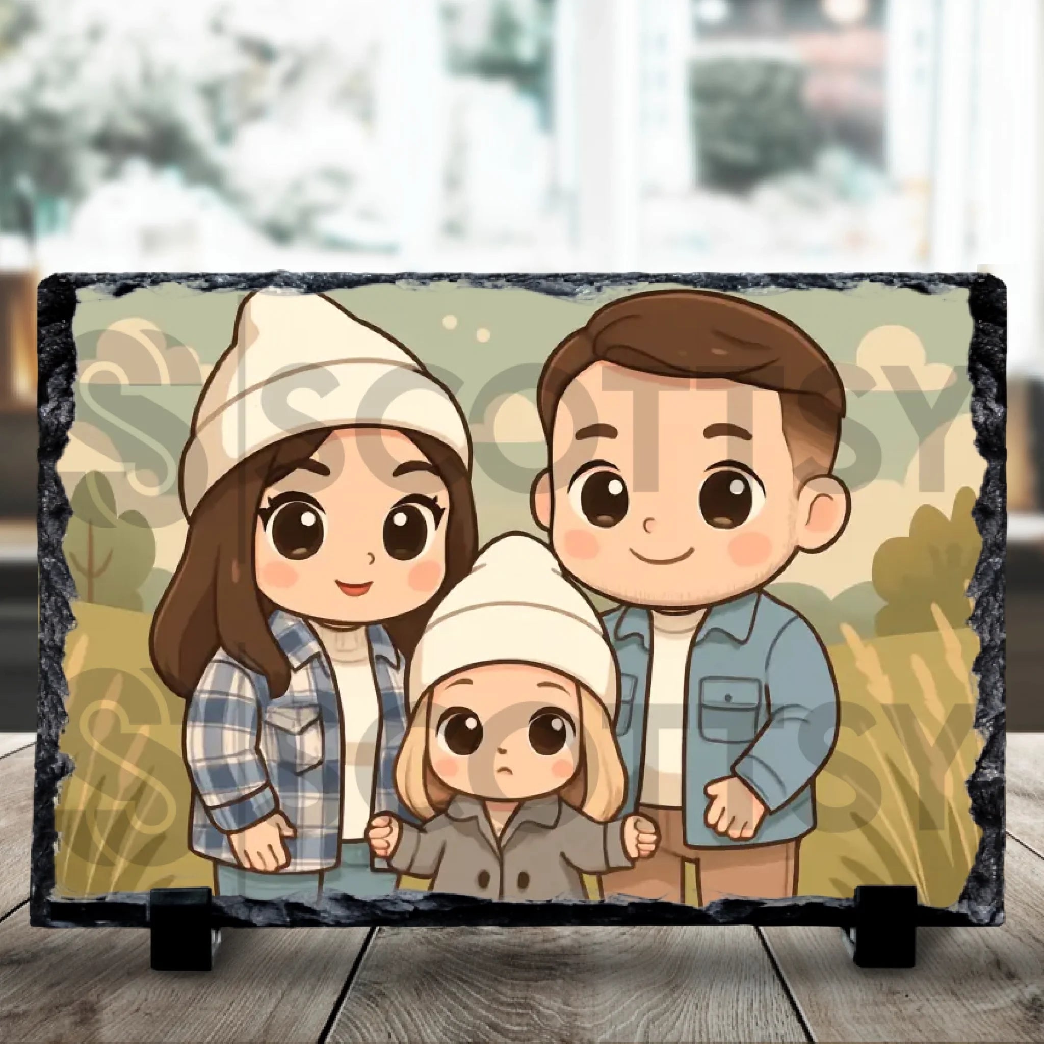 Close-up of a custom chibi photo slate gift showing cartoon portrait detail