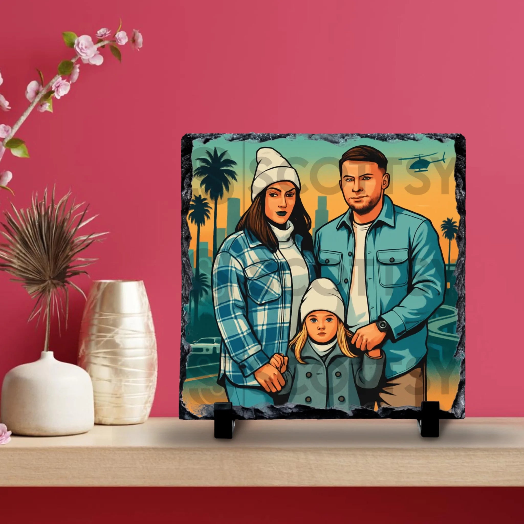 Personalised slate featuring a cartoon portrait in a video game art style