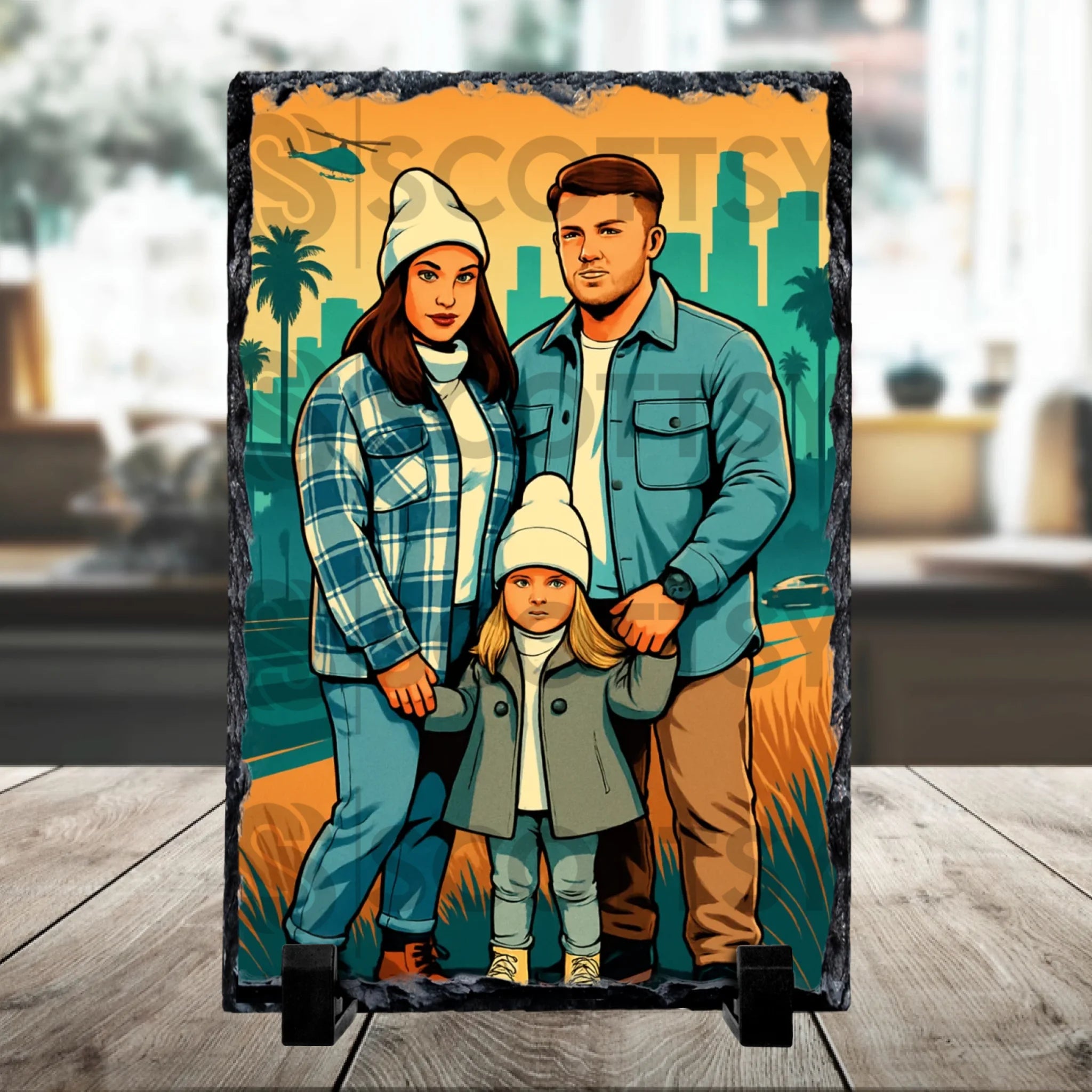 Custom personalised photo slate with video game cartoon portrait design, shown as a gift option
