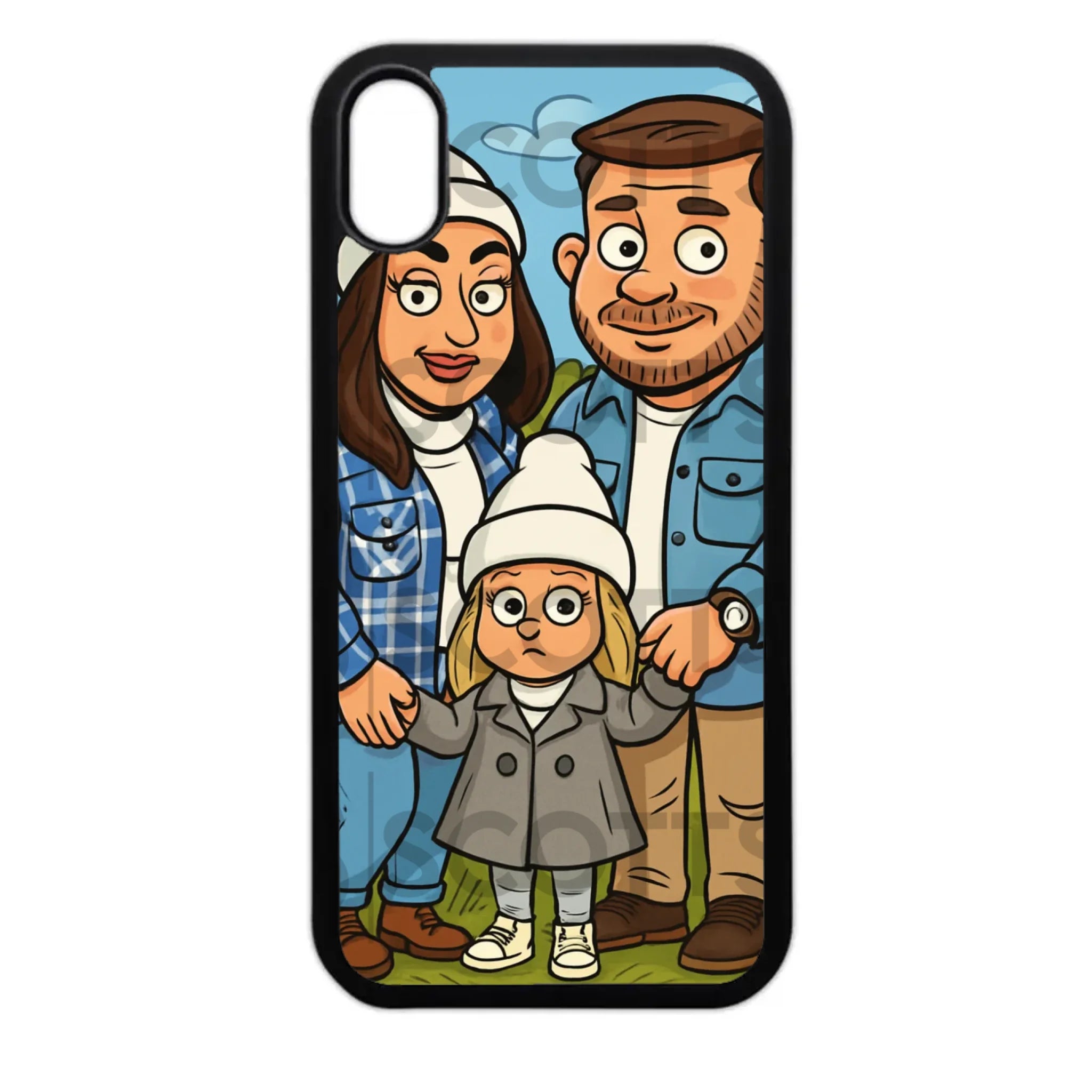Personalised caricature phone case with glossy aluminium back and shock-resistant edges