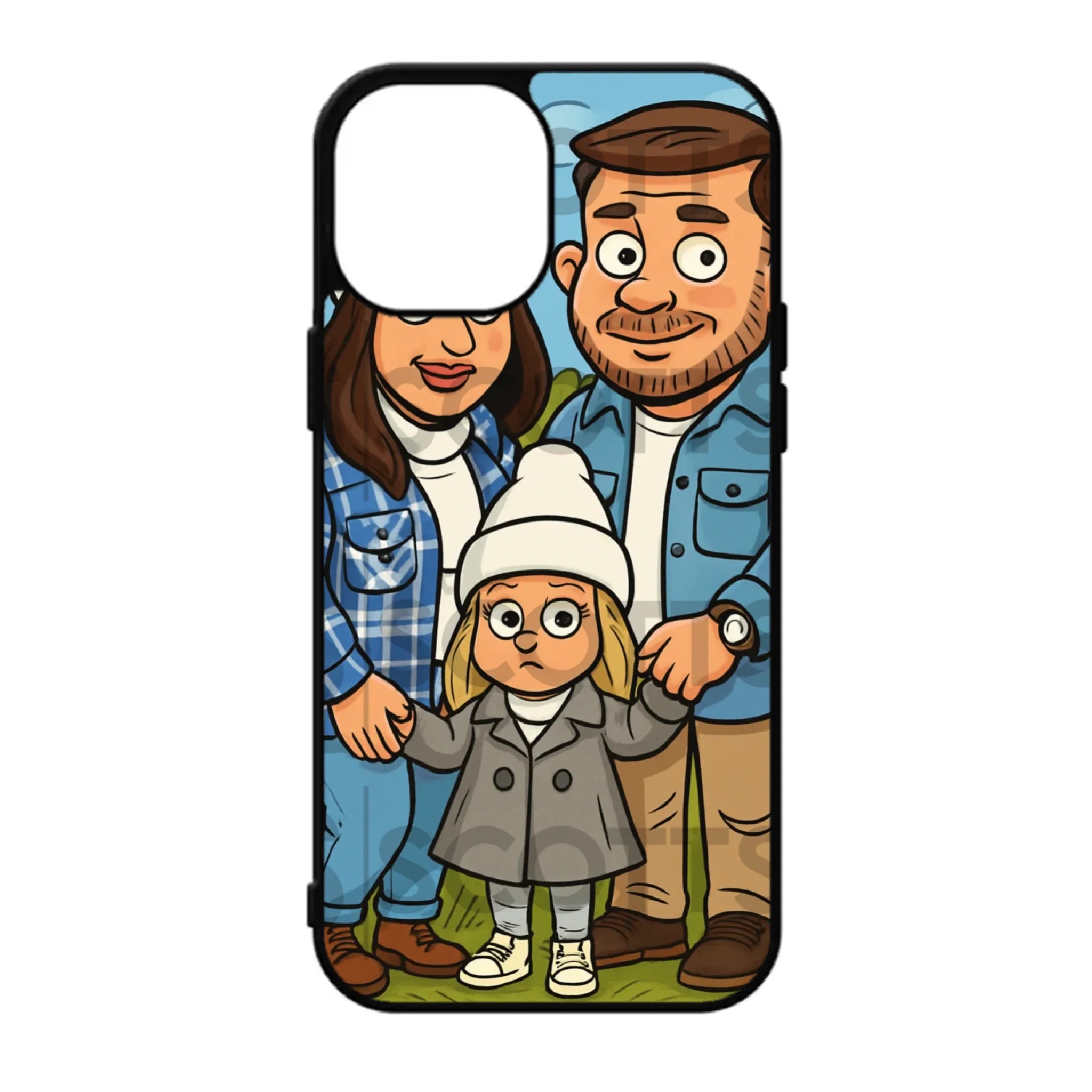 Personalised phone case with caricature design and raised camera bezel protection