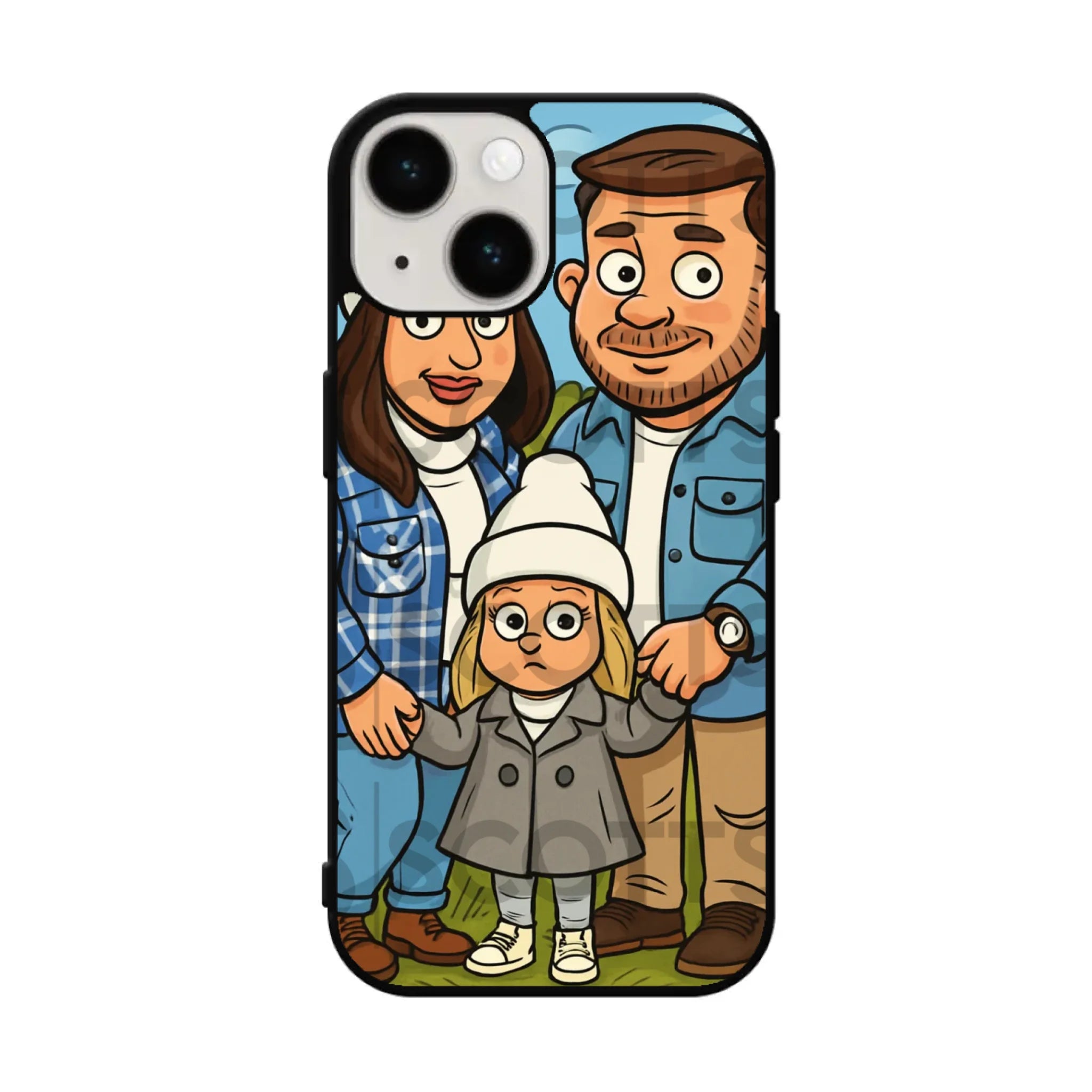 Custom caricature phone case with vibrant printed character on glossy back